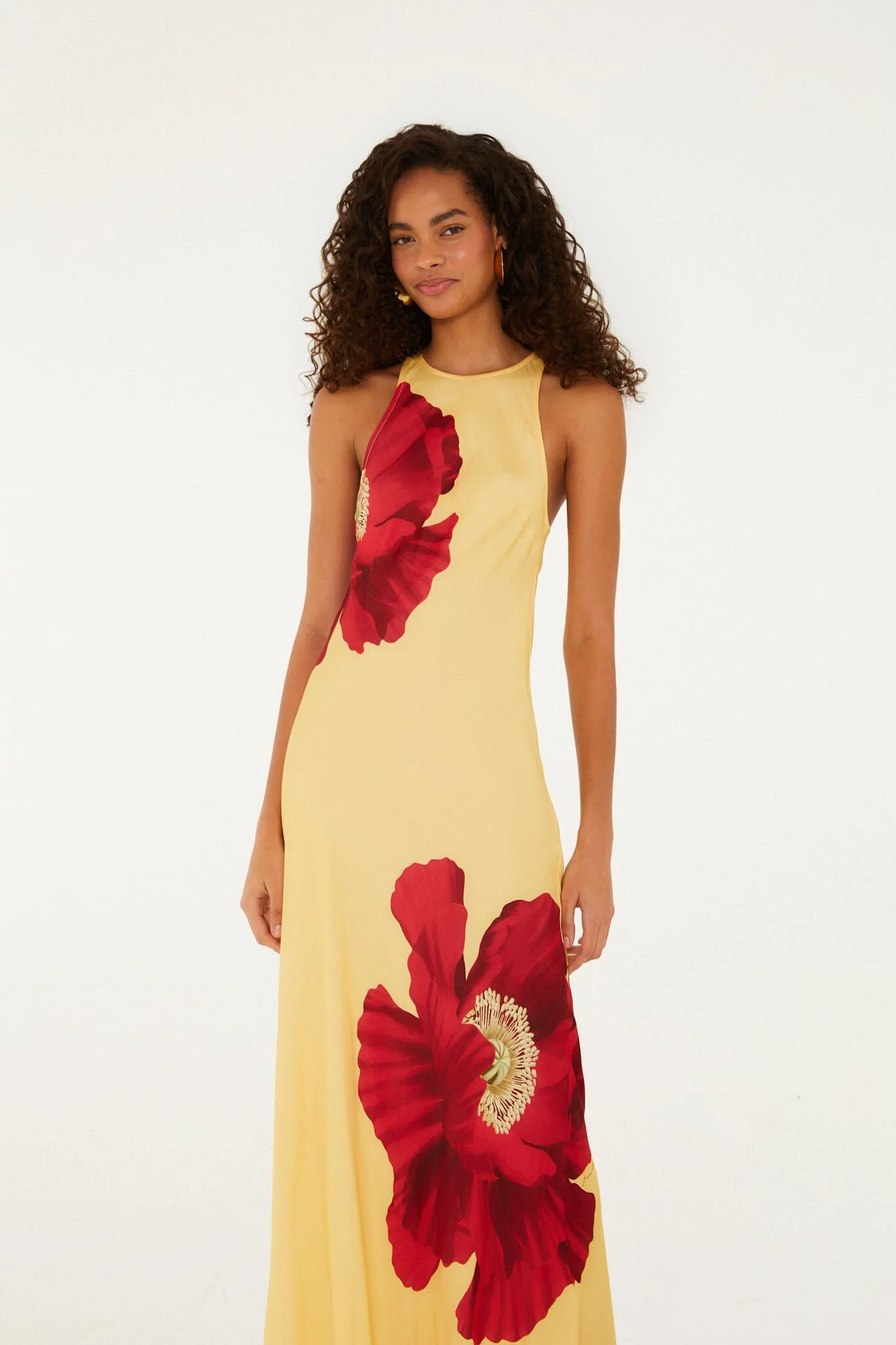 Light Yellow Poppy Flowers Sleeveless  Maxi Dress