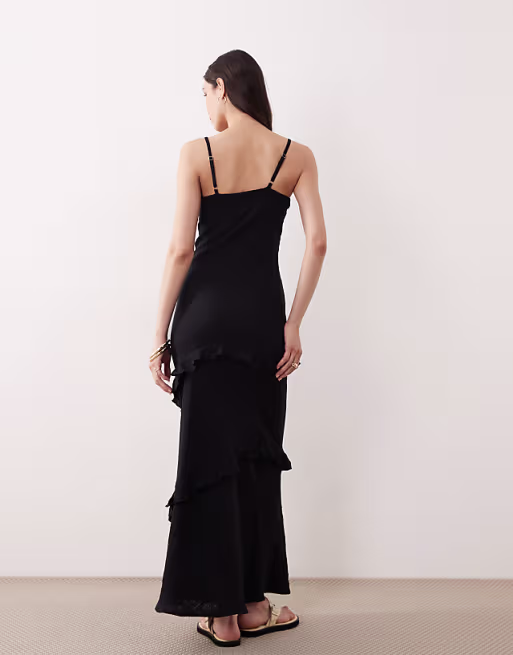 Esmée strappy maxi beach dress with ruffle detail in black