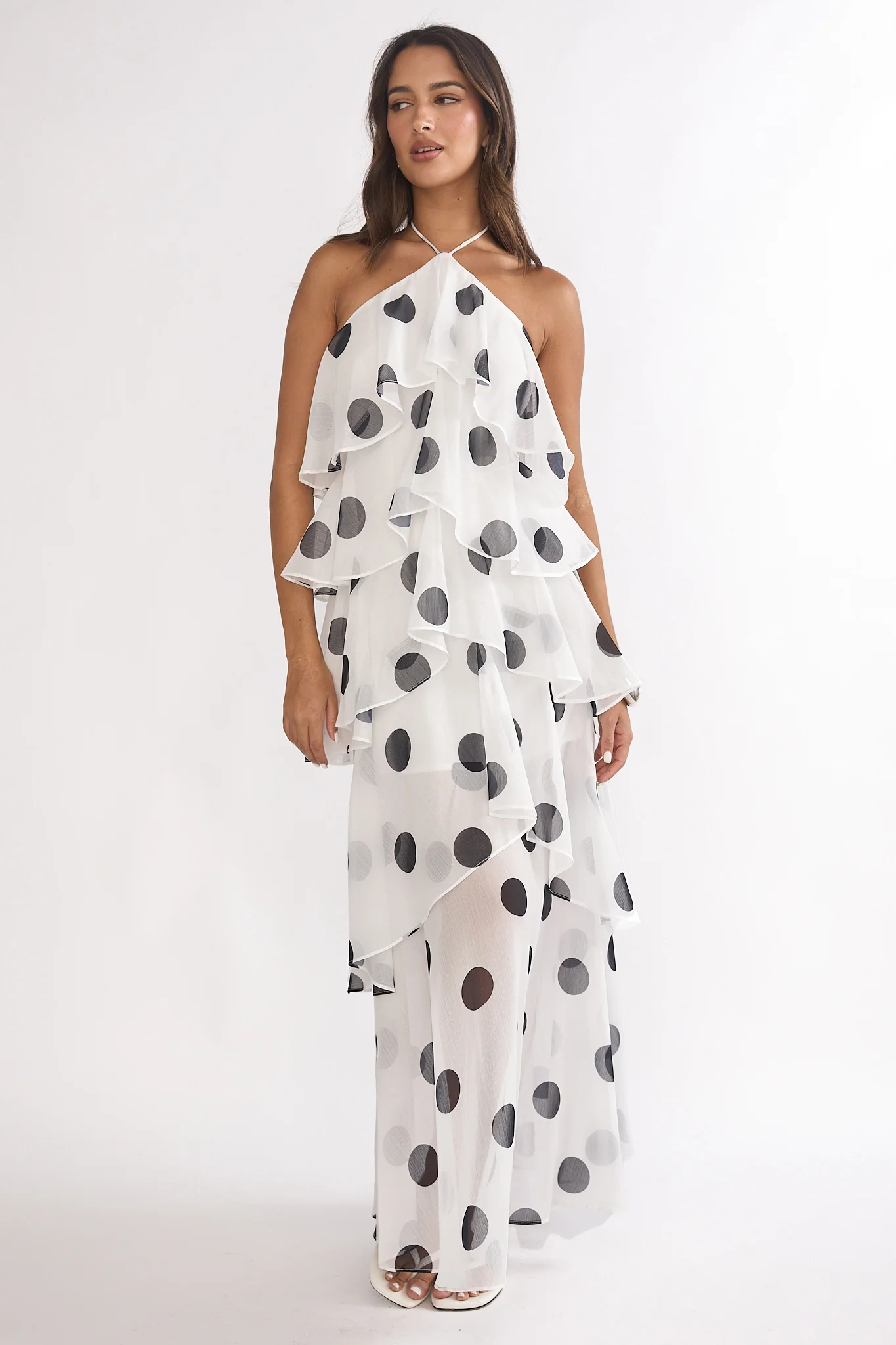 Darylyn Tiered Ruffle Maxi Dress Polka Dot White