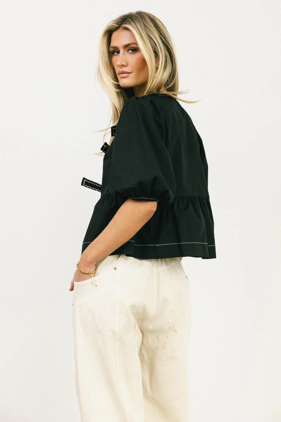 Elvie Peplum Tie Blouse in Black