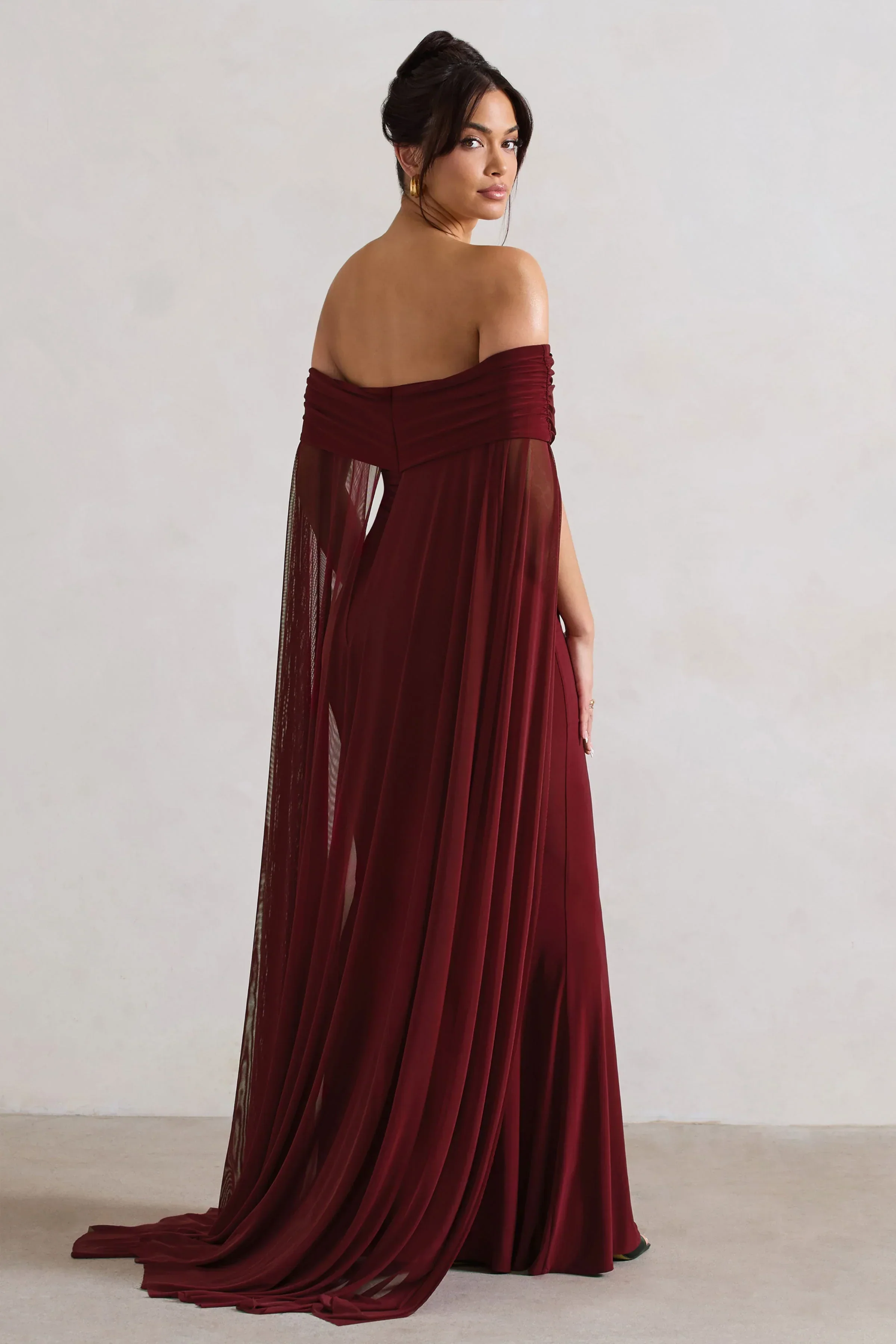 Carlotta | Berry Bardot Maxi Dress With Chiffon Cape