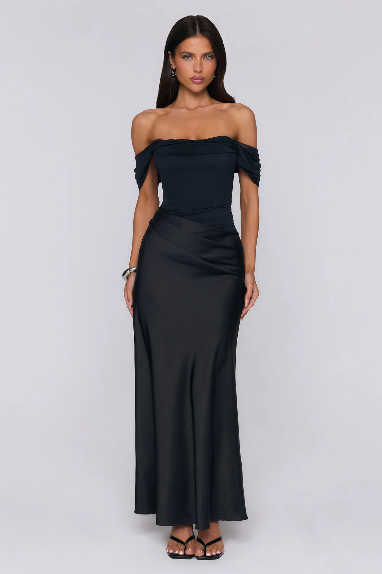 Evening Muse Off Shoulder Mesh Maxi Dress Black