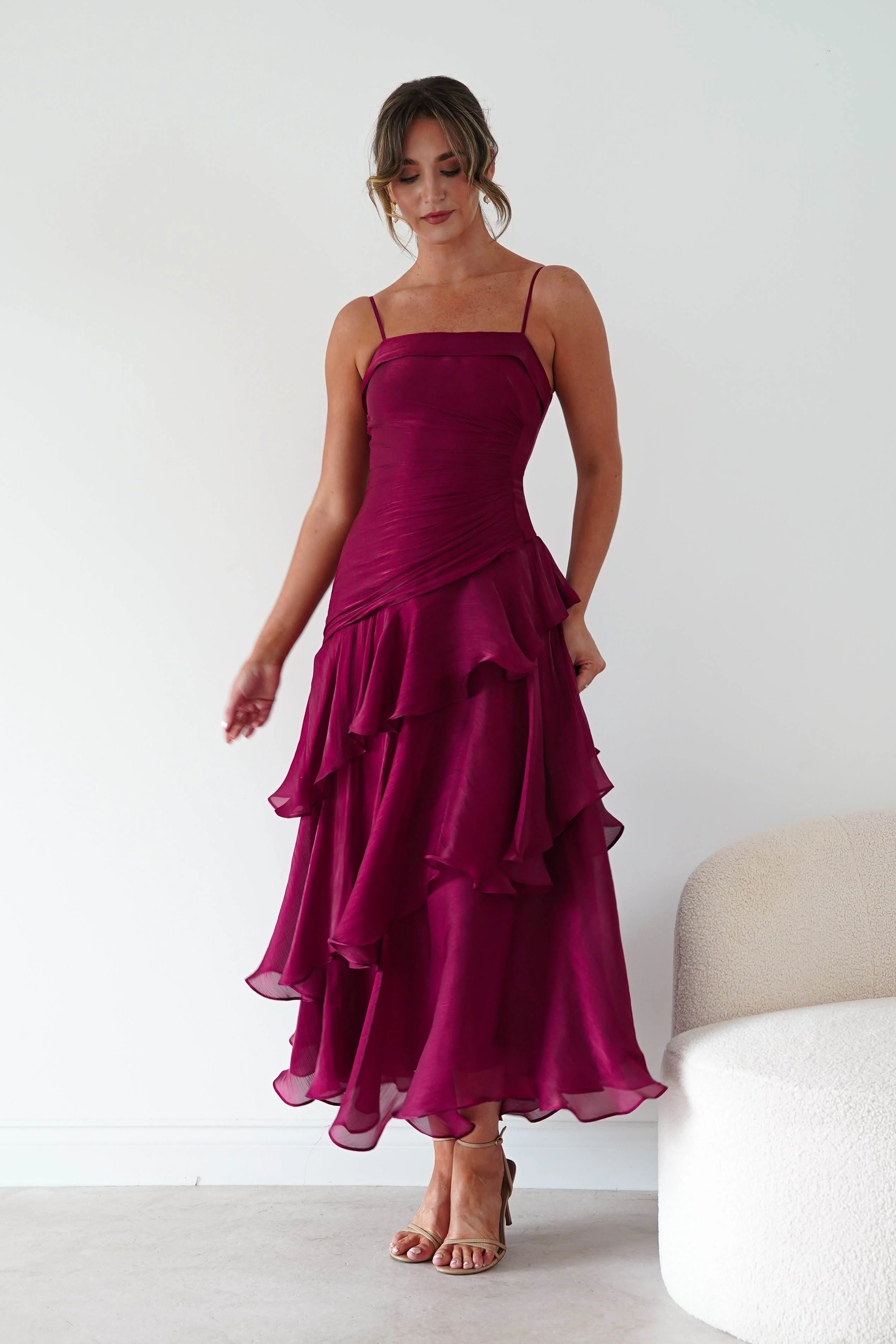 Renee Luminescent Ruffle Maxi Dress | Wine