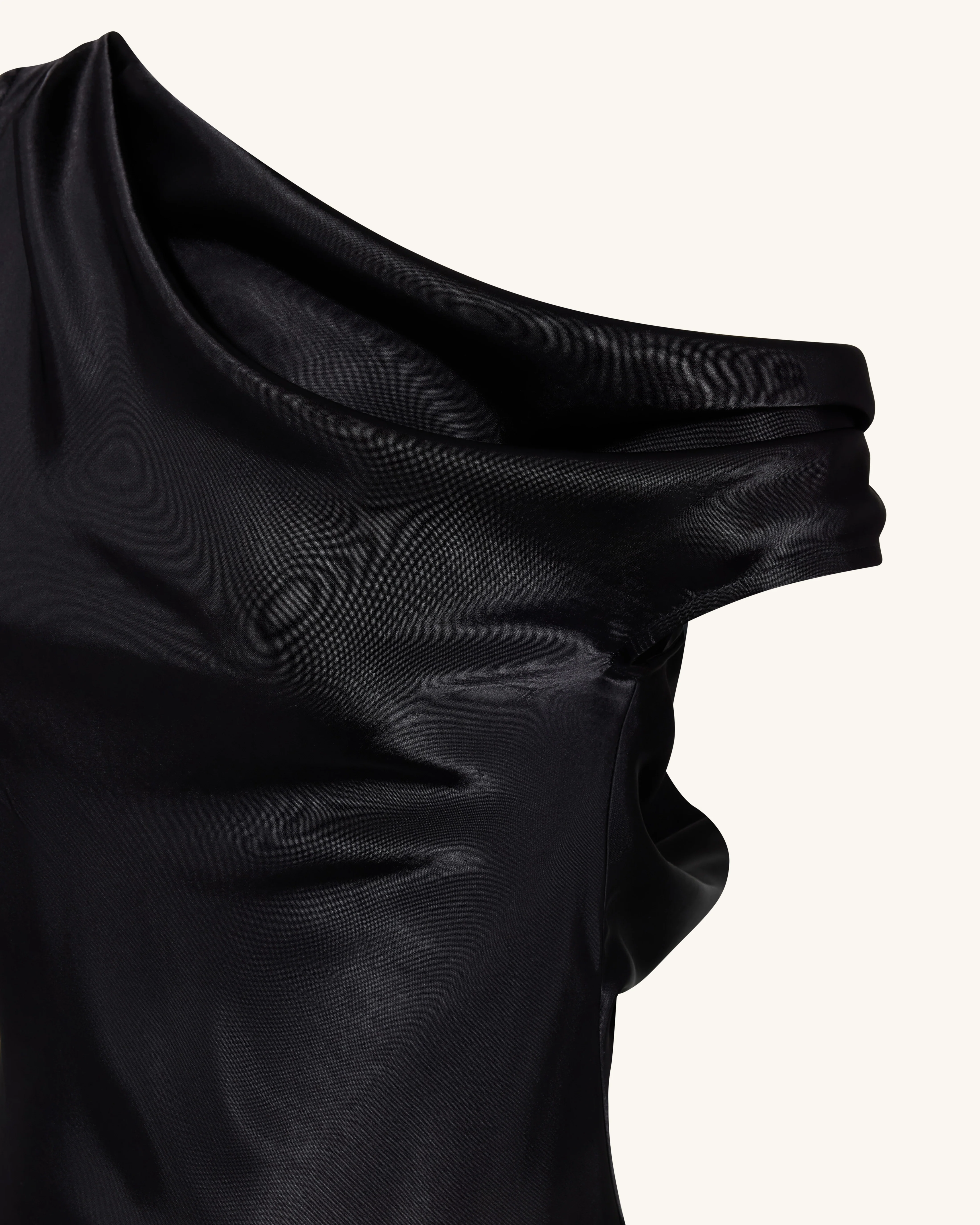 Satin Draped One-Shoulder Asymmetric Dress - Black - FASHION NOB