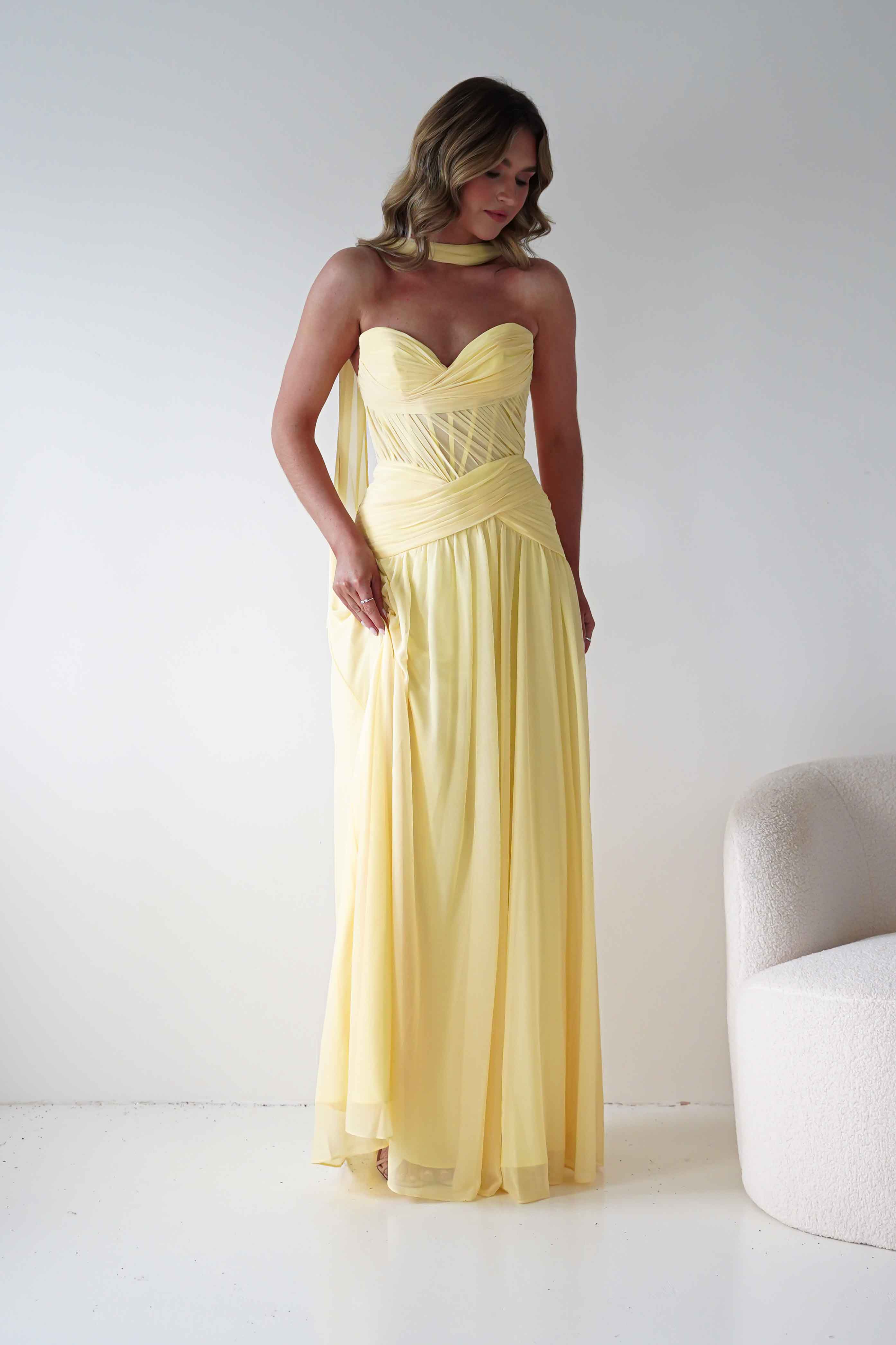 Nicolette Strapless Chiffon Maxi Gown | Yellow