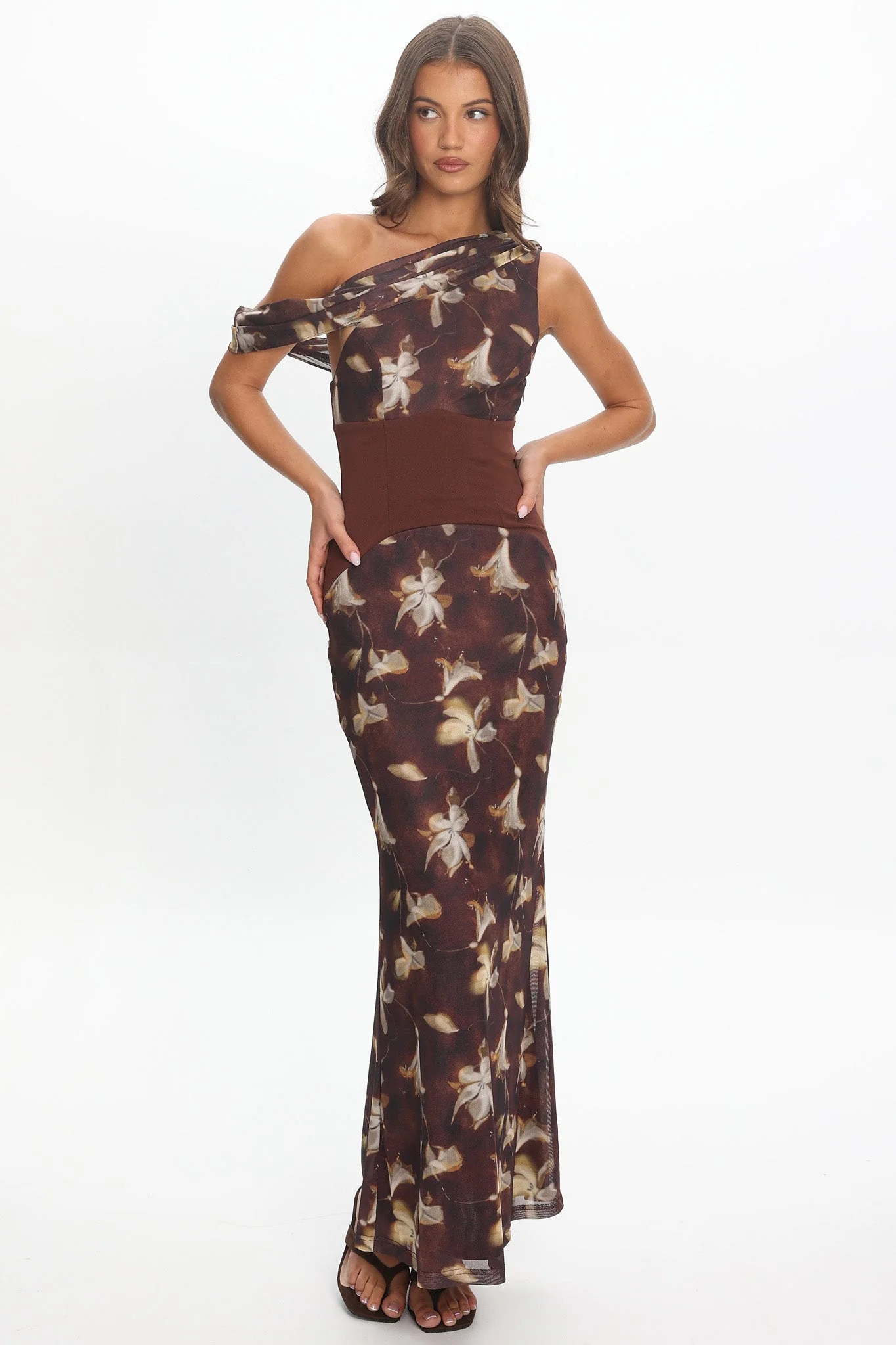 Milos Asymmetric Neckline Maxi Dress Floral