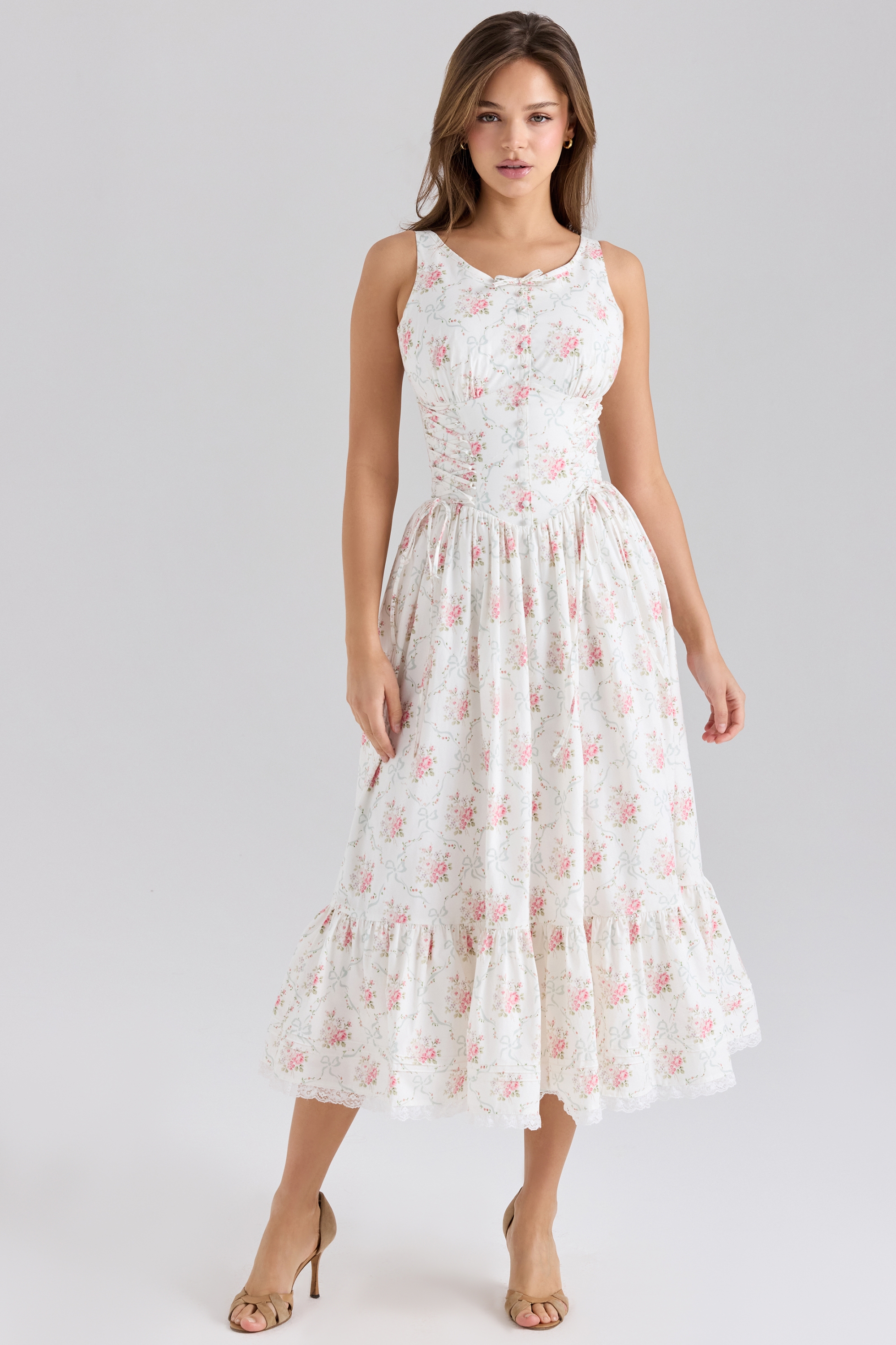 rose print stretch cotton lace up midi dress