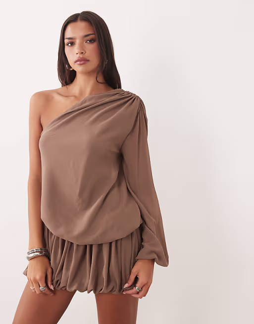 Missy Empire chiffon asymmetric sleeve drape overlay detail bubble hem cutout back detail mini dress in mocha