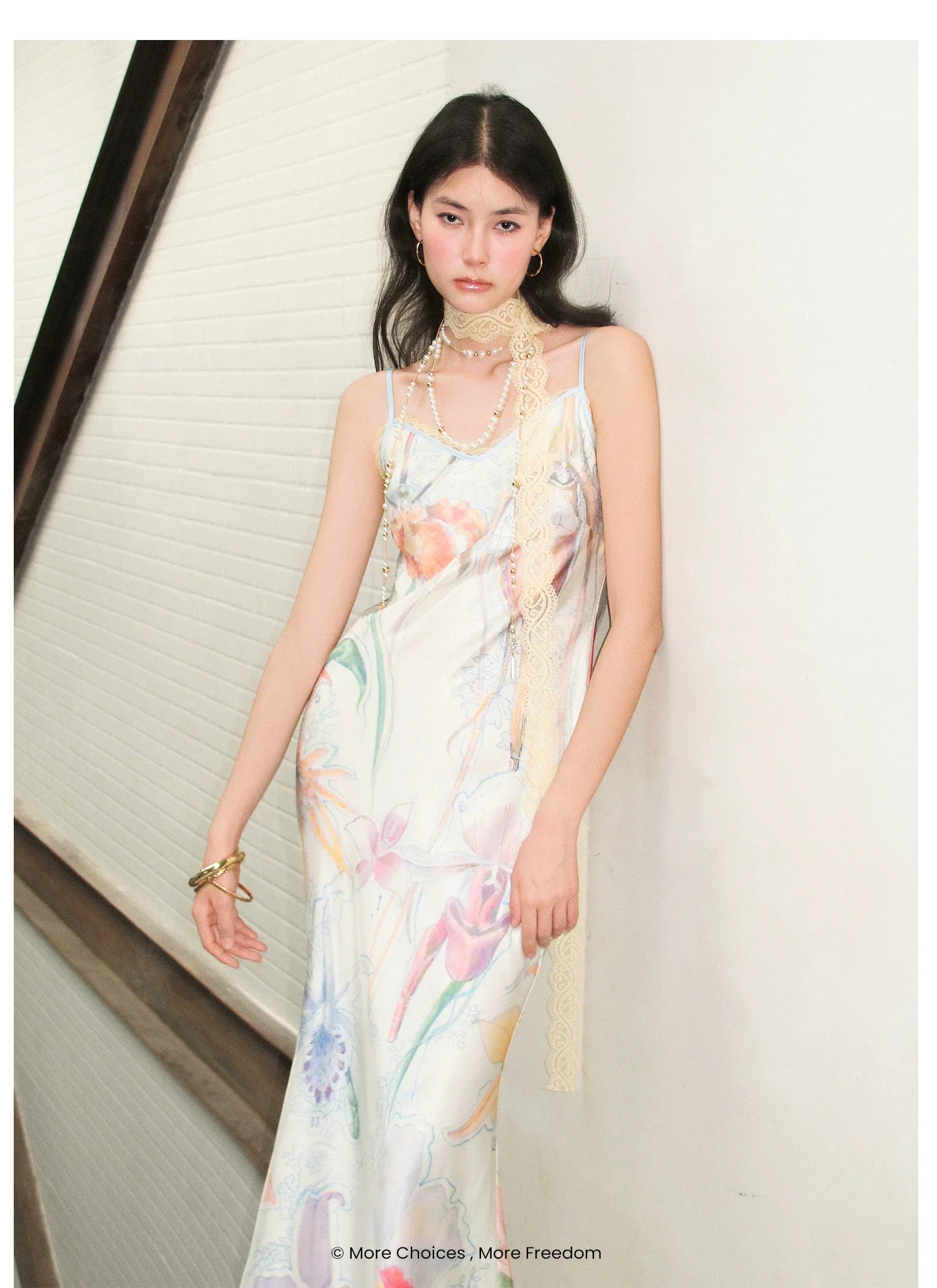 Botanical Print Bias-Cut Camisole Long Dress