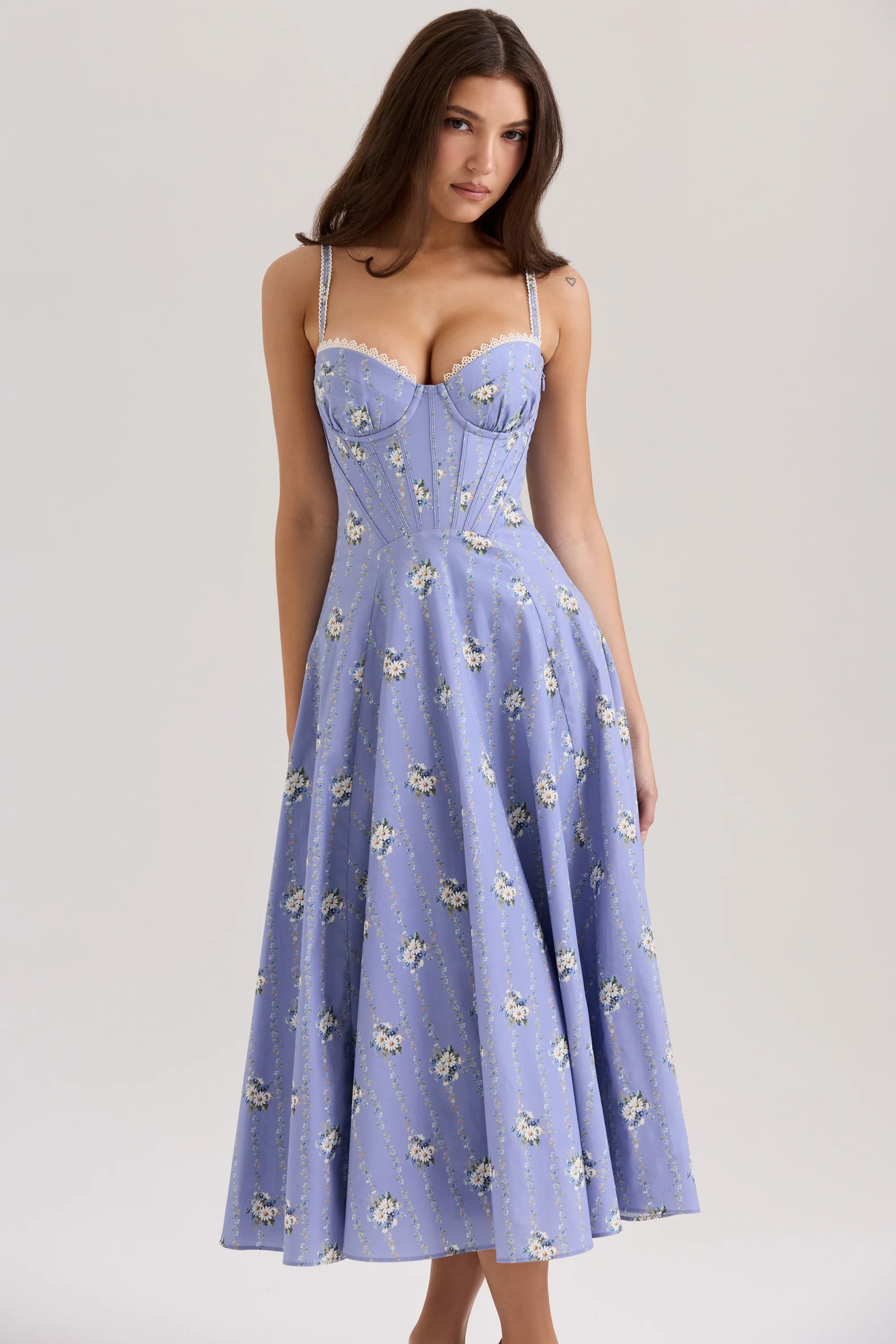 blue daisy print stretch cotton midi sundress