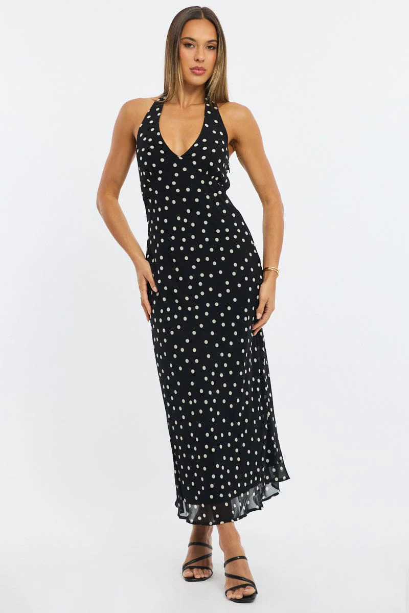 Black Polka Dot Midi Dress Halter Neck