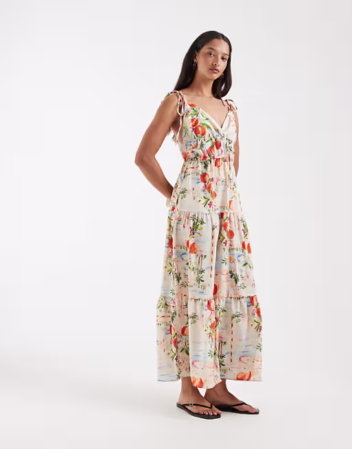 Vero Moda tie shoulder cami midi tiered dress in orange landscape print