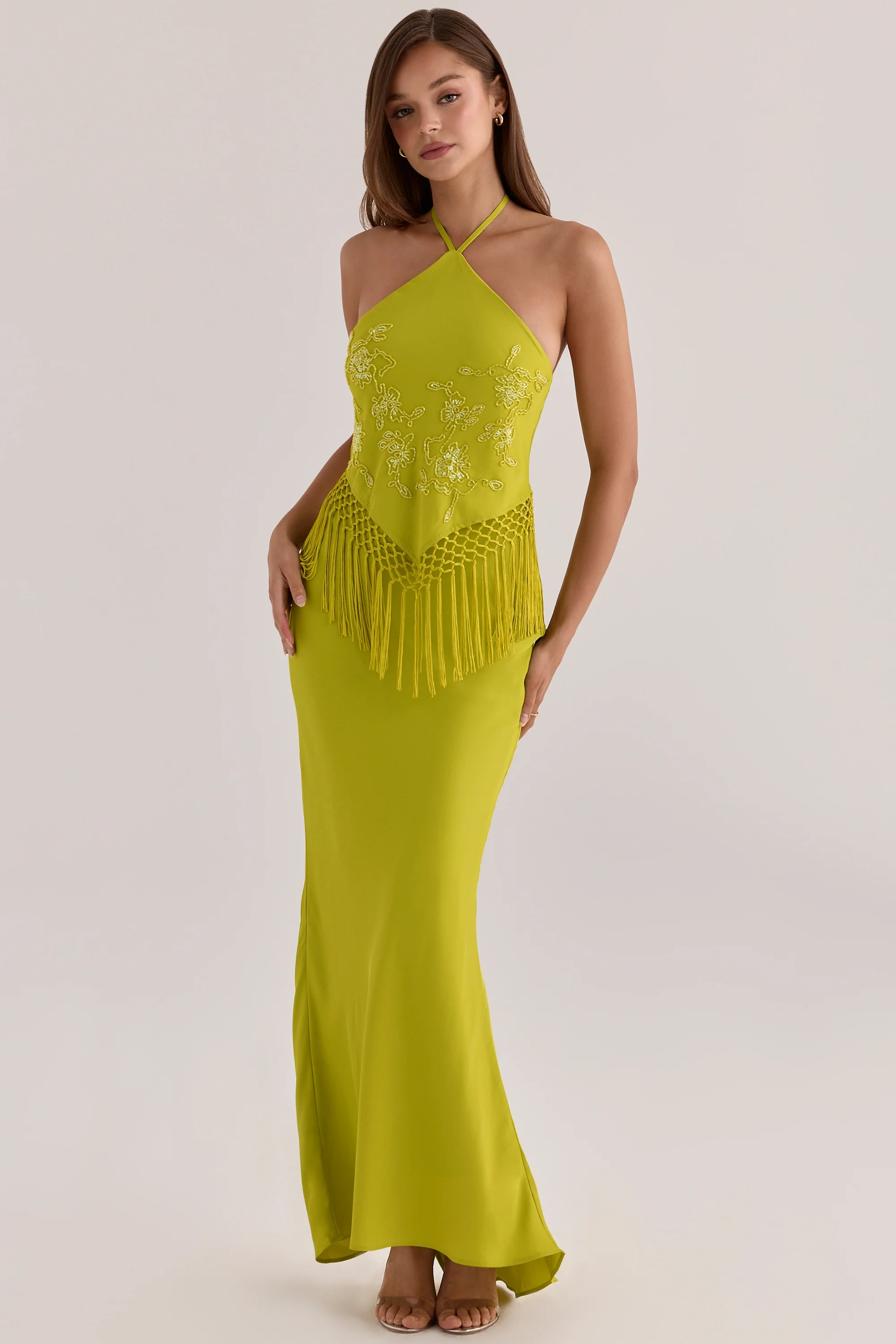 Chartreuse Satin Custom Embellished Fringed Maxi Dress - Limited Edition