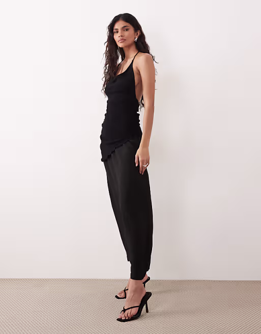Gina Tricot halterneck asymmetric textured maxi dress with open back in black