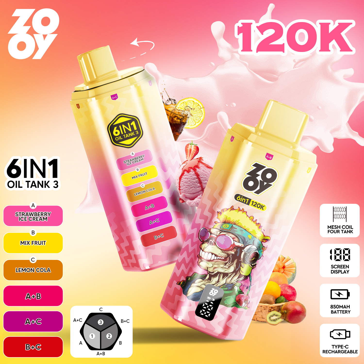 ZOOY TANK 120K - Strawberry ice cream & Mix Fruit & lemon cola