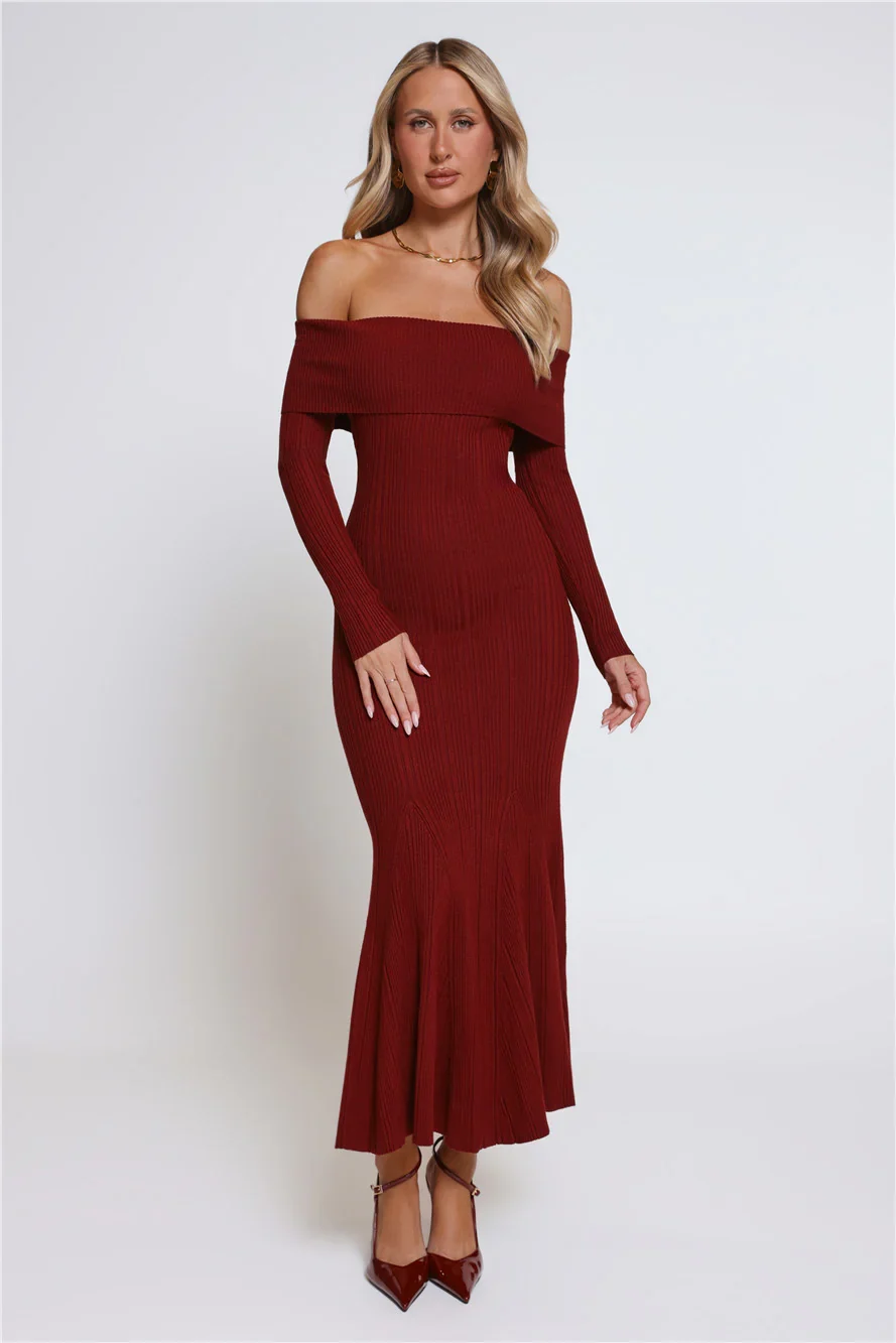 After Hours Aura Knit Off Shoulder Maxi Dress Wine