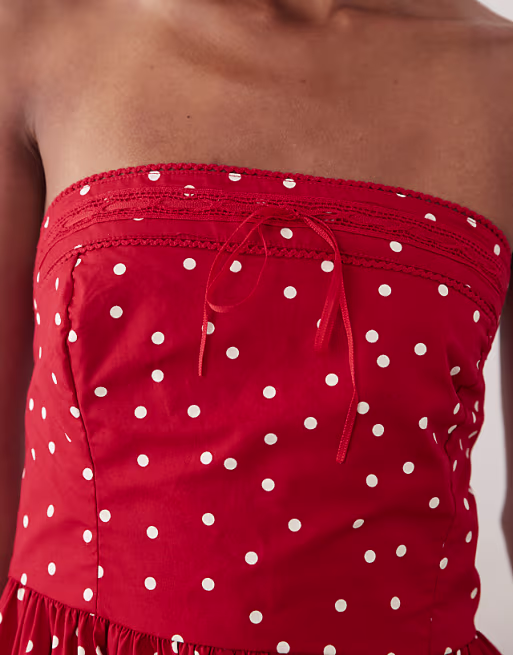 Abercrombie & Fitch strapless midi dress in red polka dot print