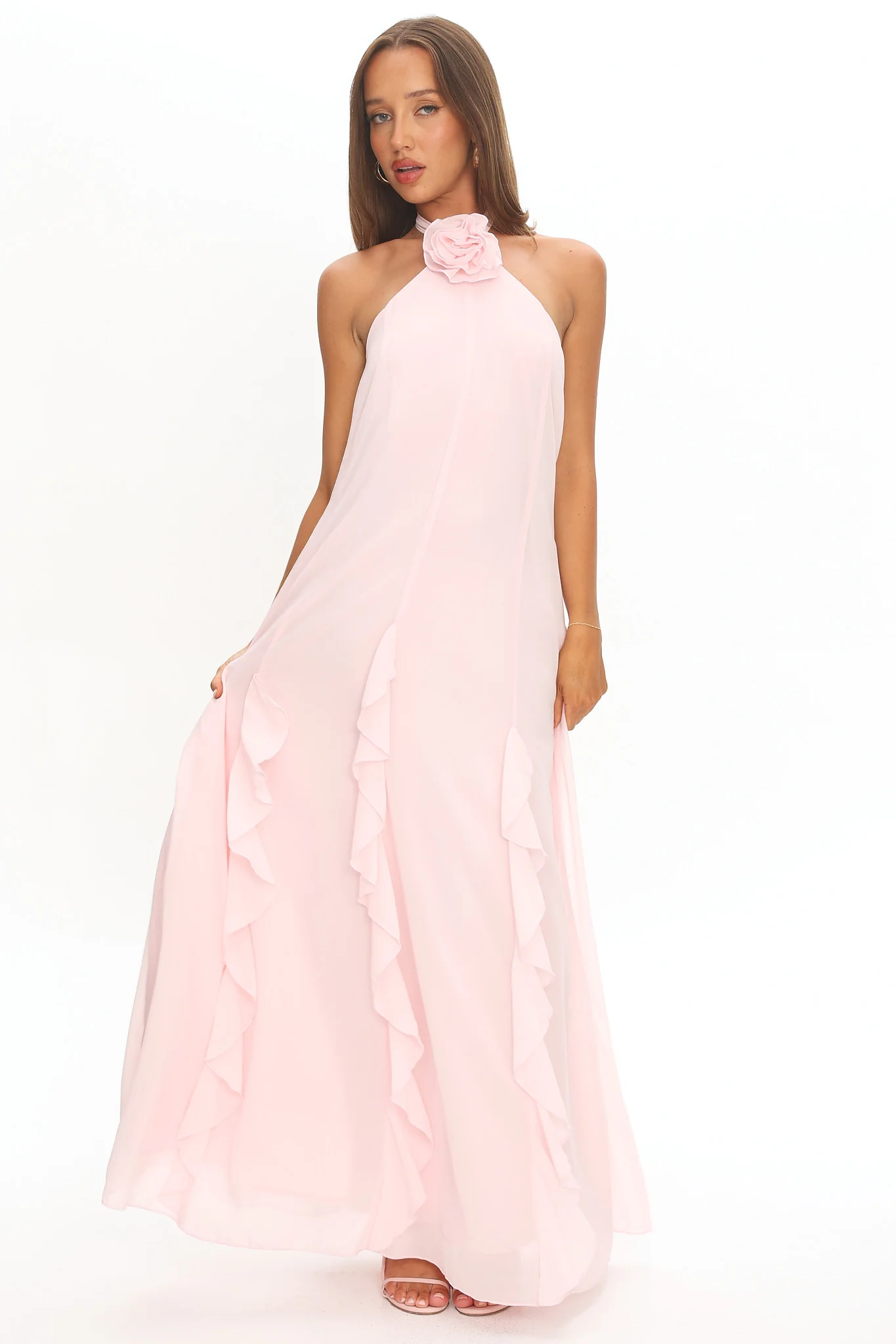 Lecce Halterneck Ruffle Trim Maxi Dress Blush