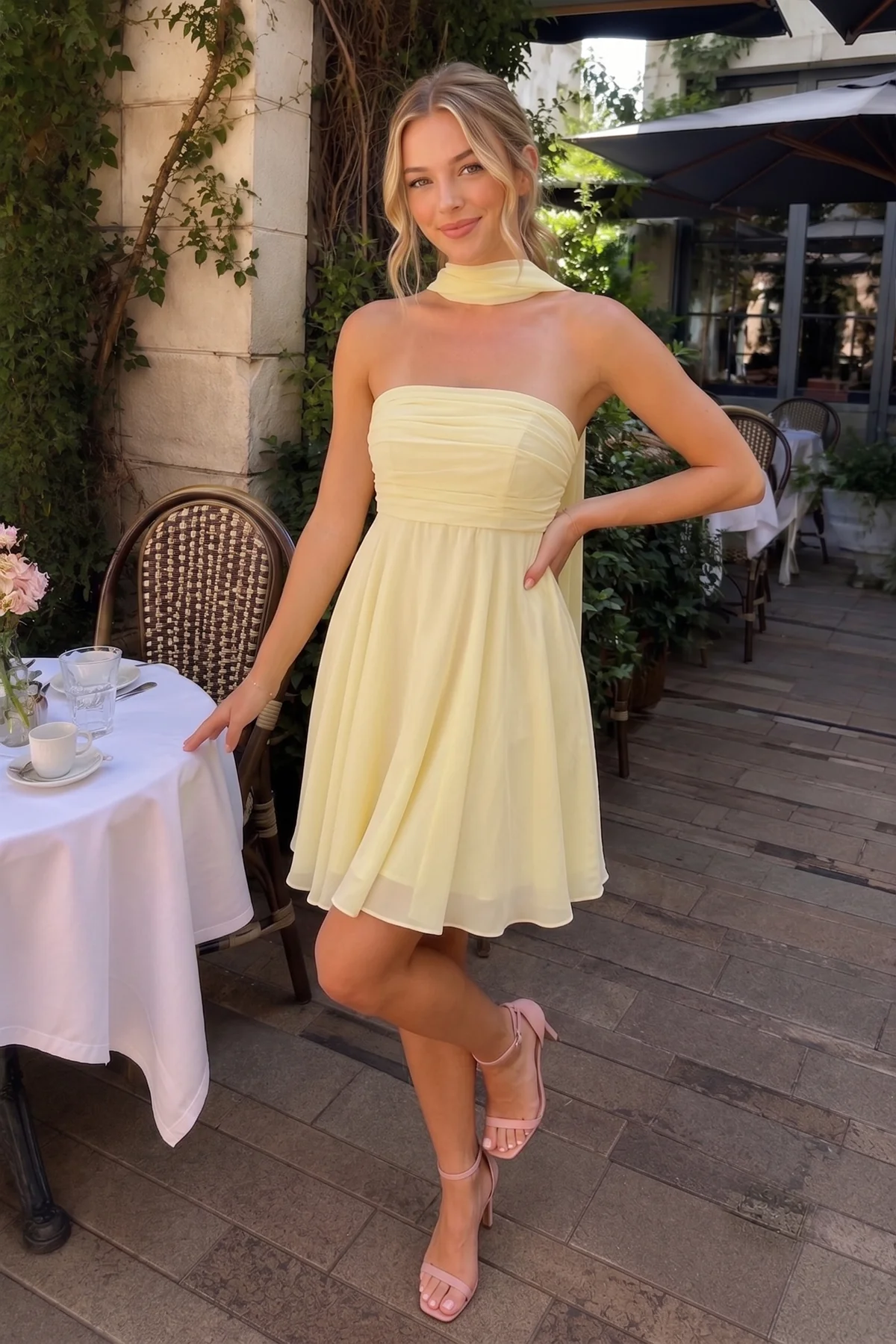 Yellow A Line Strapless Chiffon Homecoming Dresses With Scarf