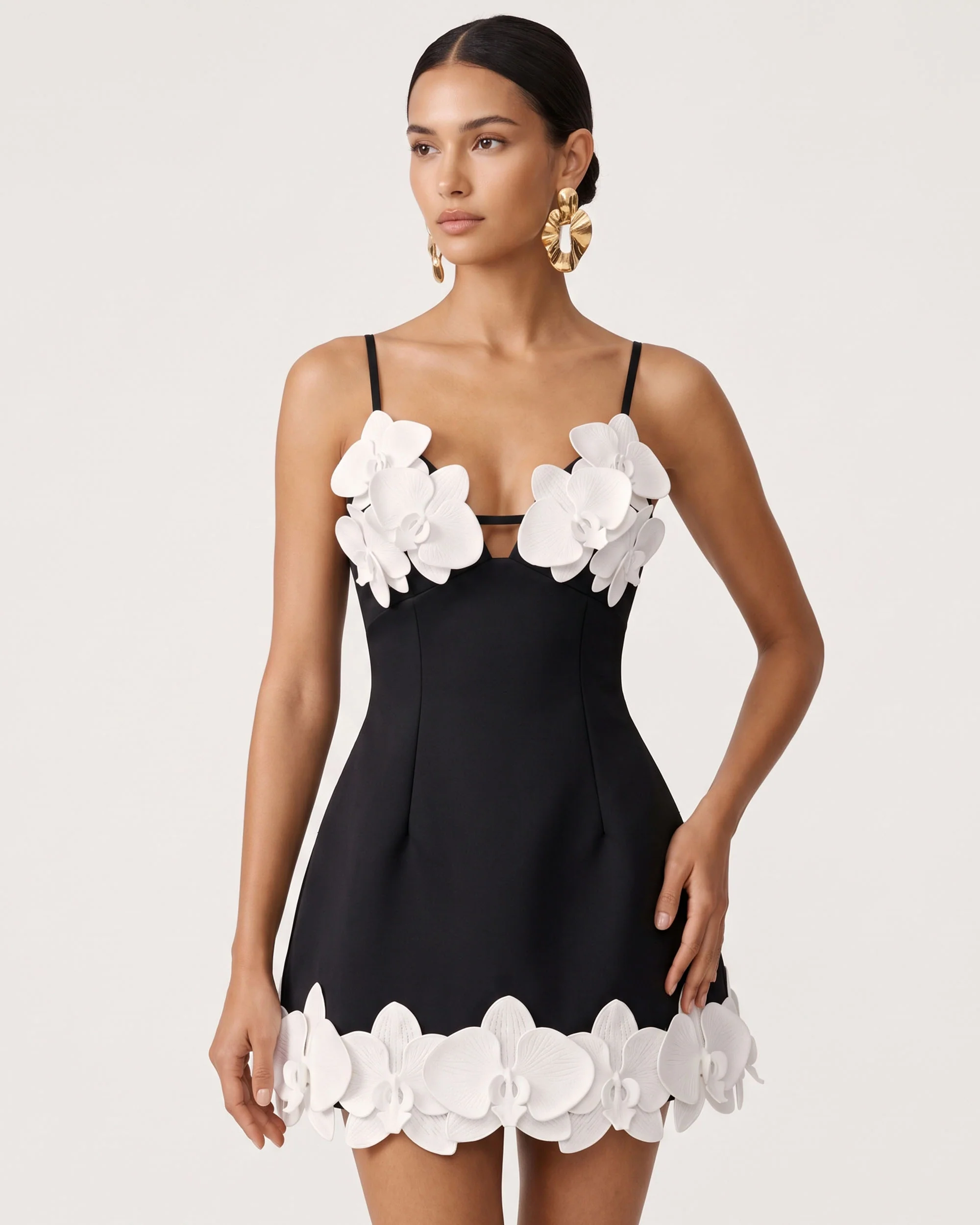 Orchid Embroidered Spaghetti Strap Mini Dress - Black