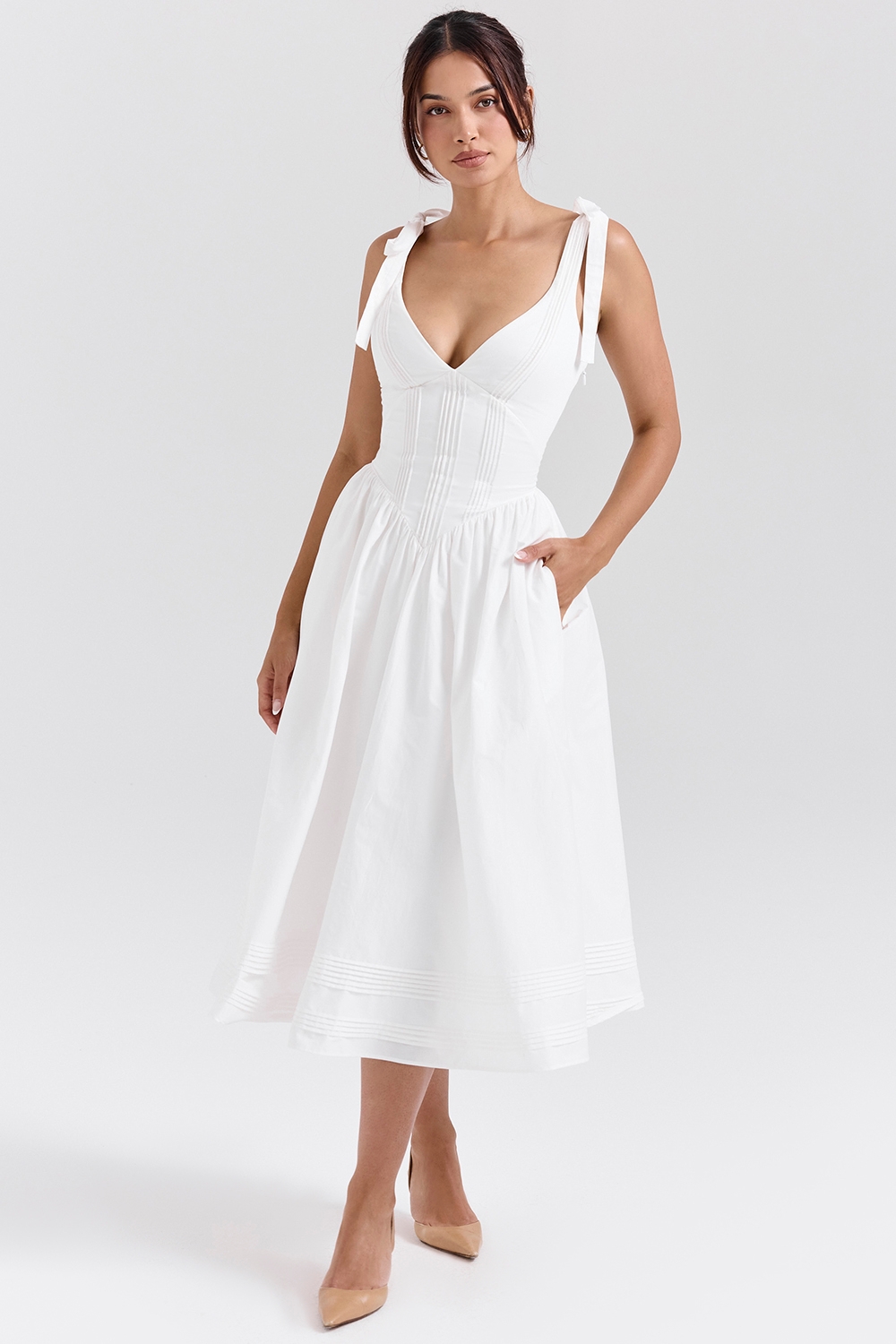 White Pin Tuck Cotton Midi Sundress