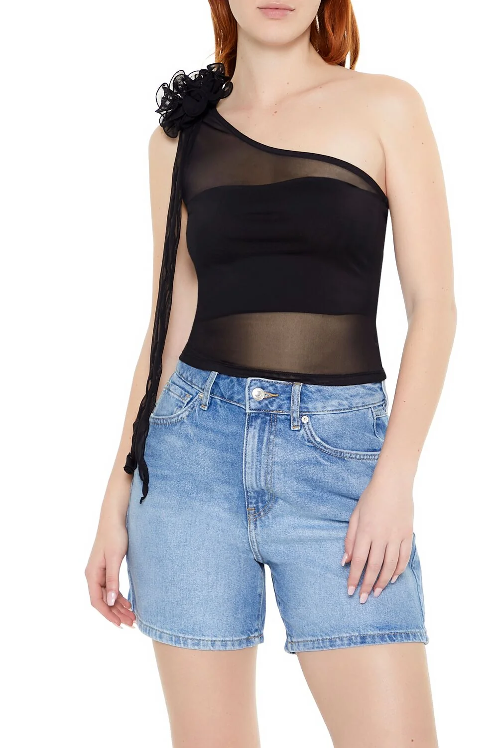 Mesh Rosette One-Shoulder Top
