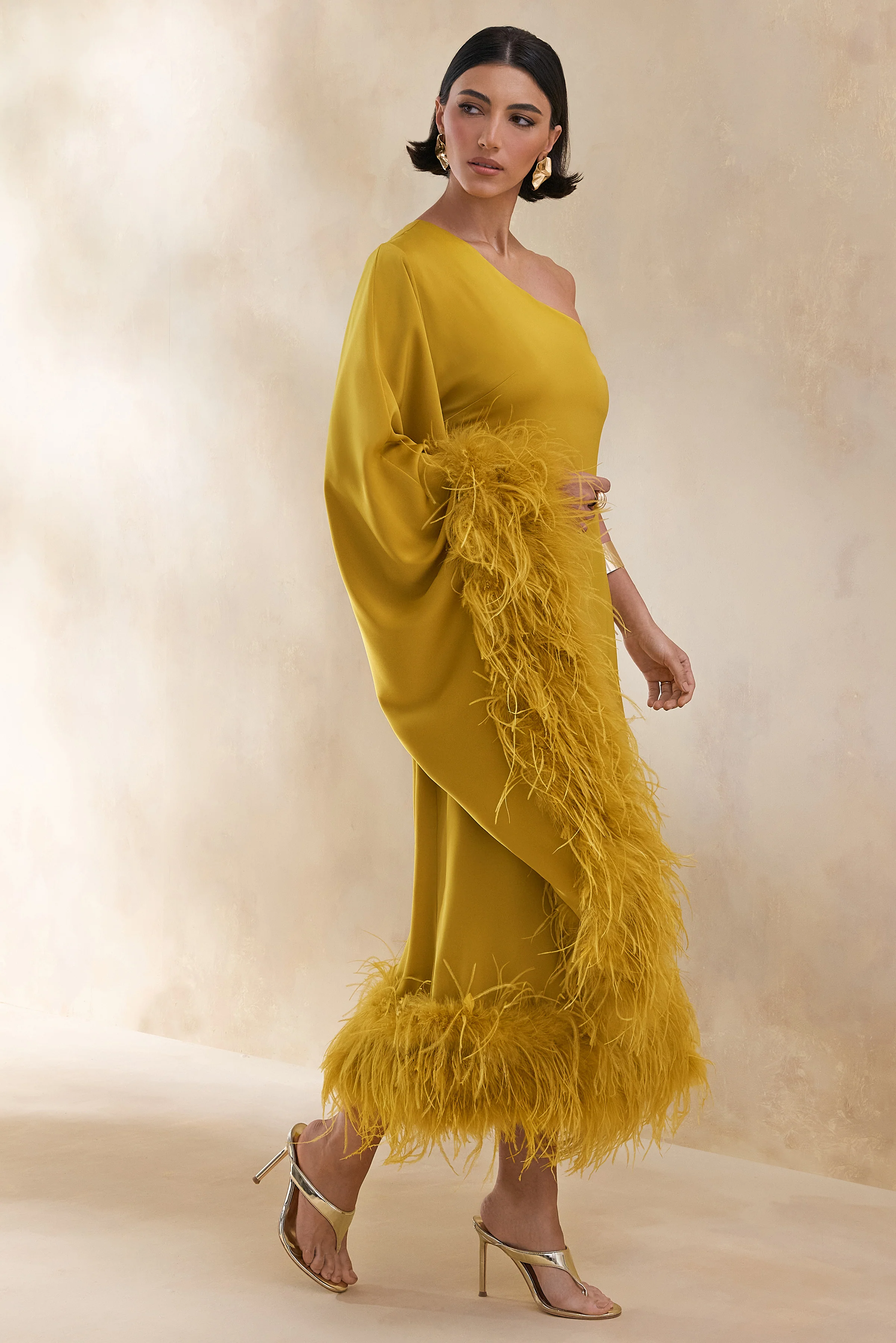 Destiny | Yellow Satin Asymmetric-Neck Midi Dress With Feather Details
