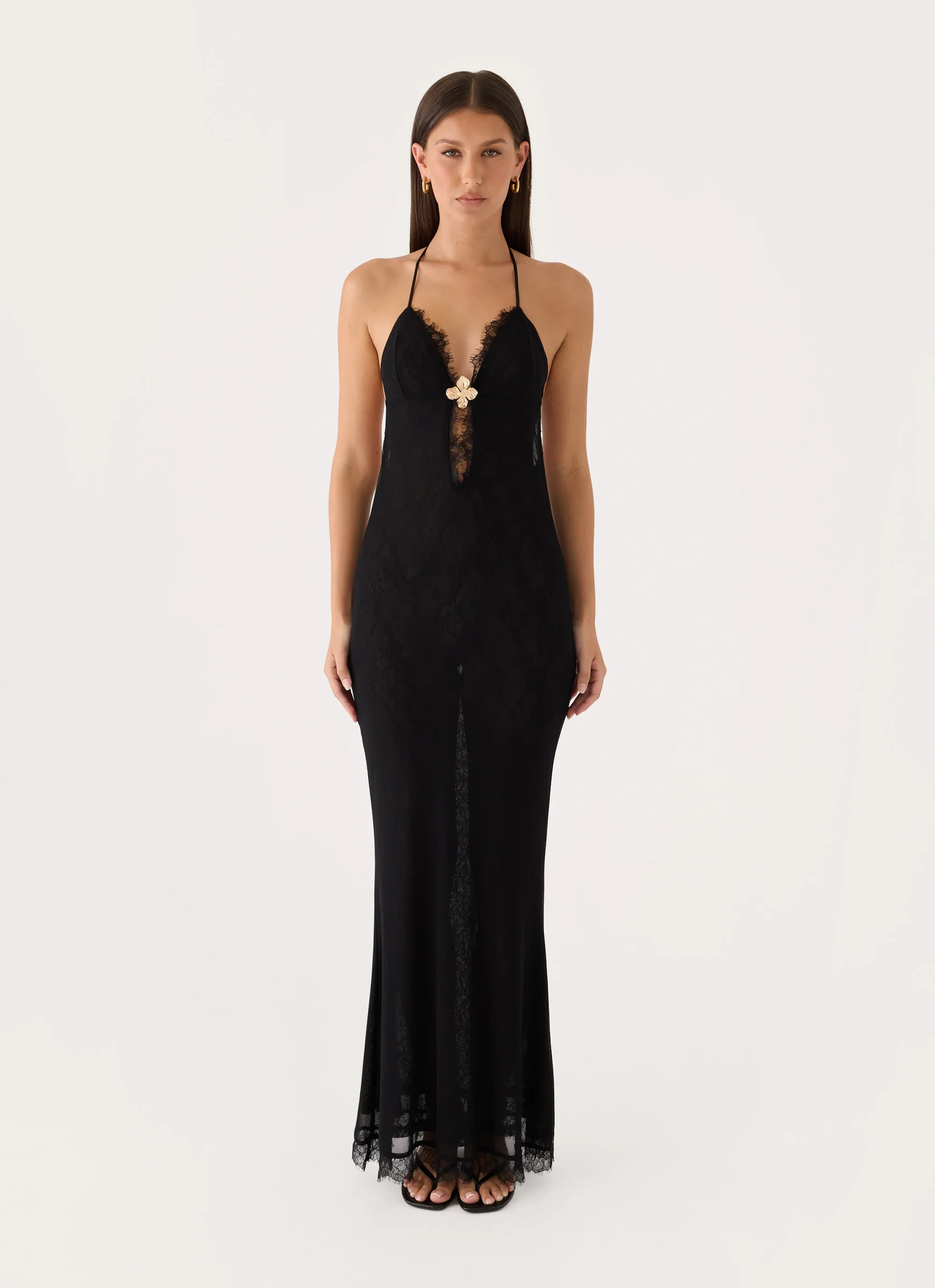 Calyssia Lace Halter Long Maxi Dress - Black