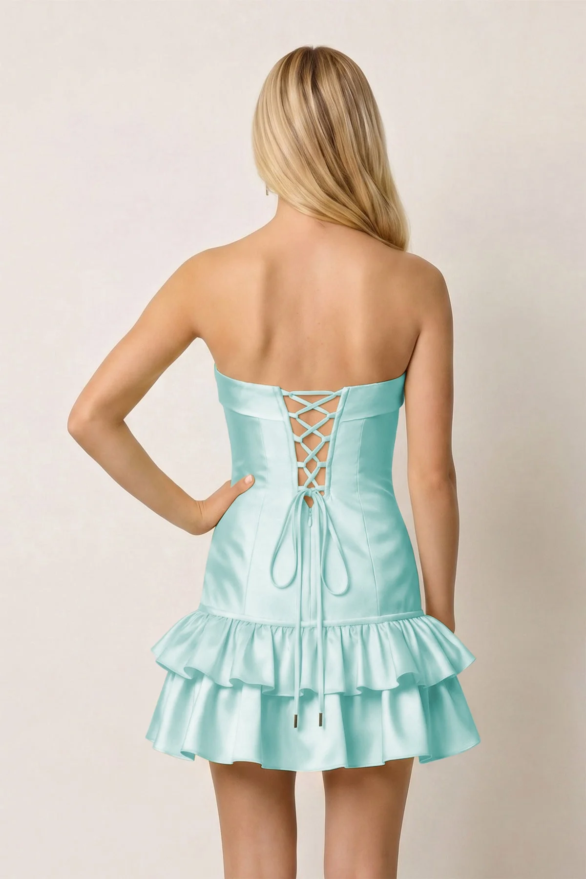 Turquoise Ruffled Strapless Tiered A-Line Satin Homecoming Dress