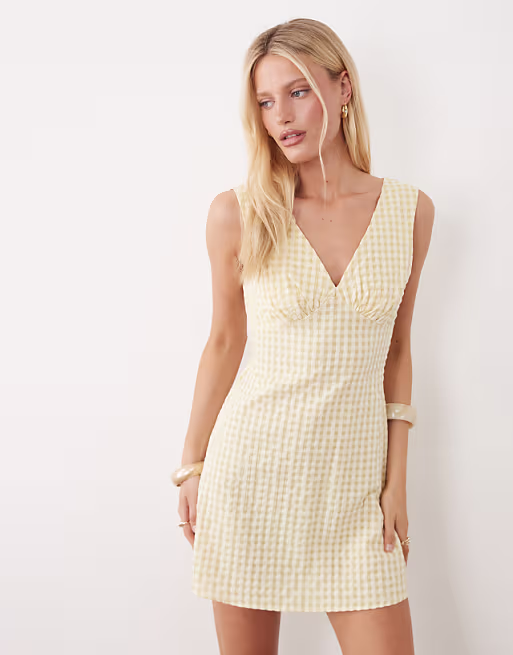 v neck mini dress in cream gingham