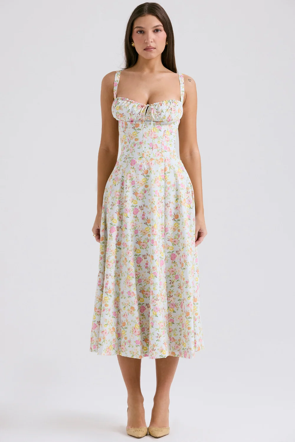 pale blue meadow print cotton bustier sundress