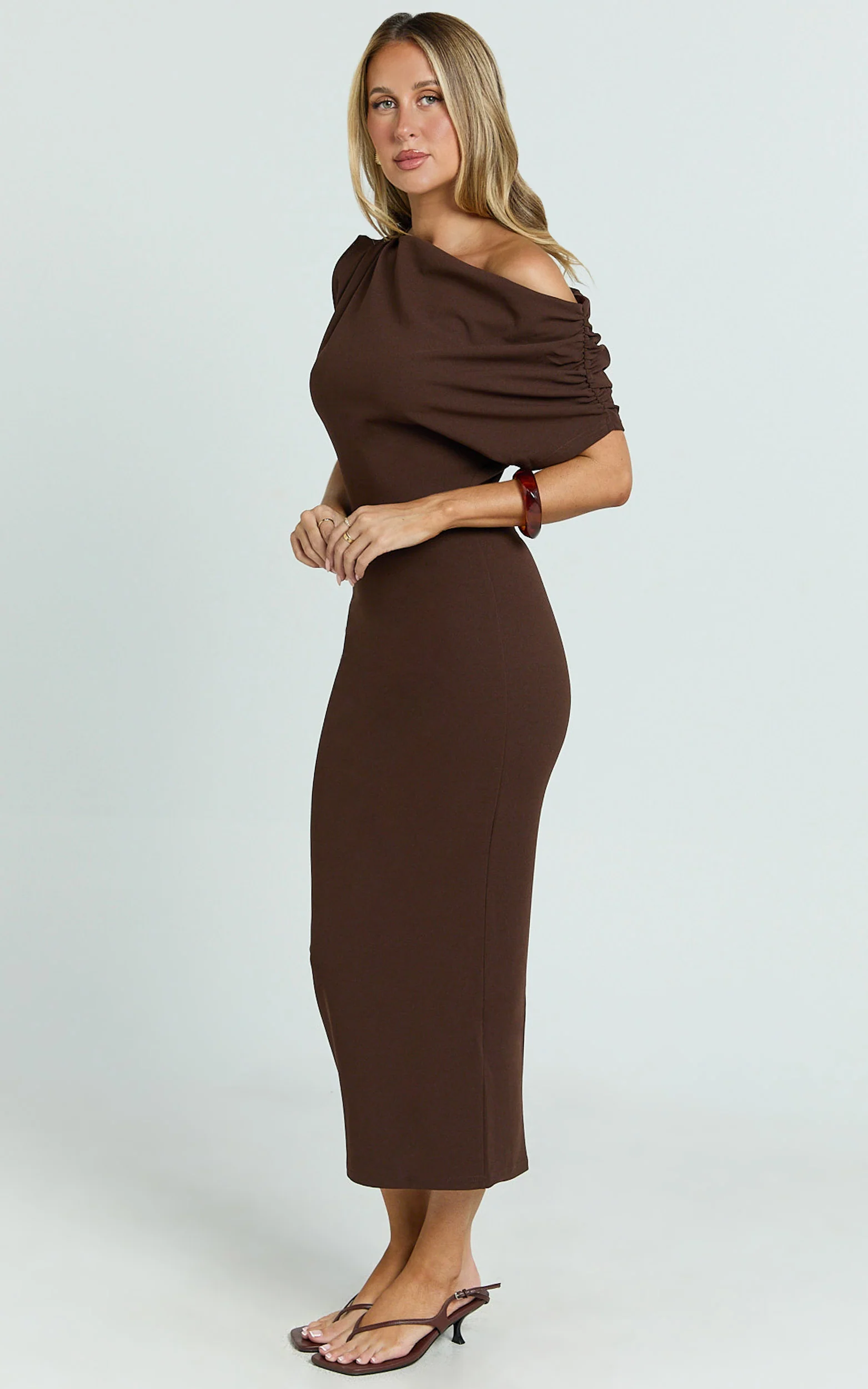 Nalfie Midi Dress - Tipped Shoulder Jersey Drape Dress in Chocolate