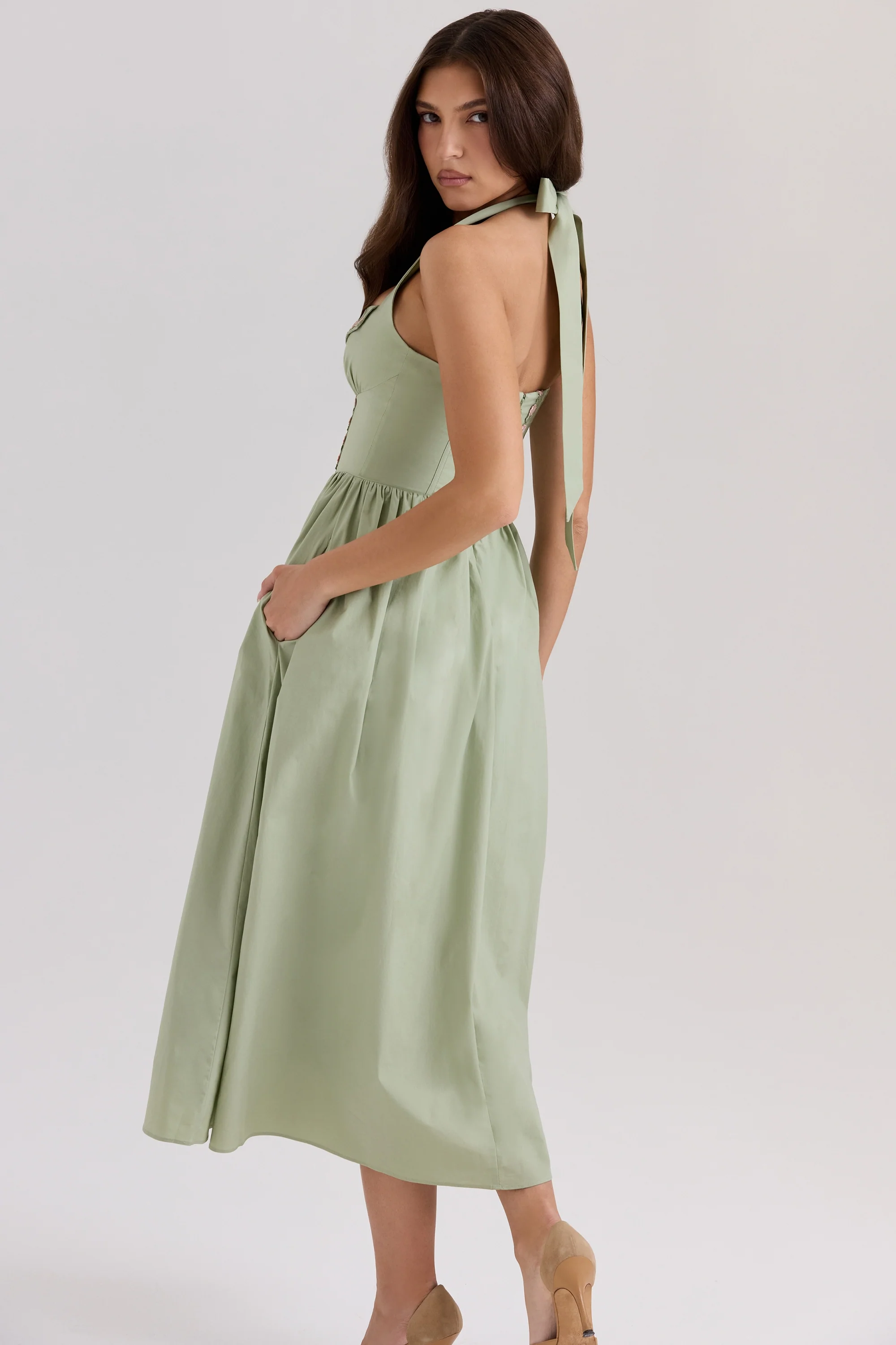 Sage Stretch Cotton Halter Neck Midi Dress