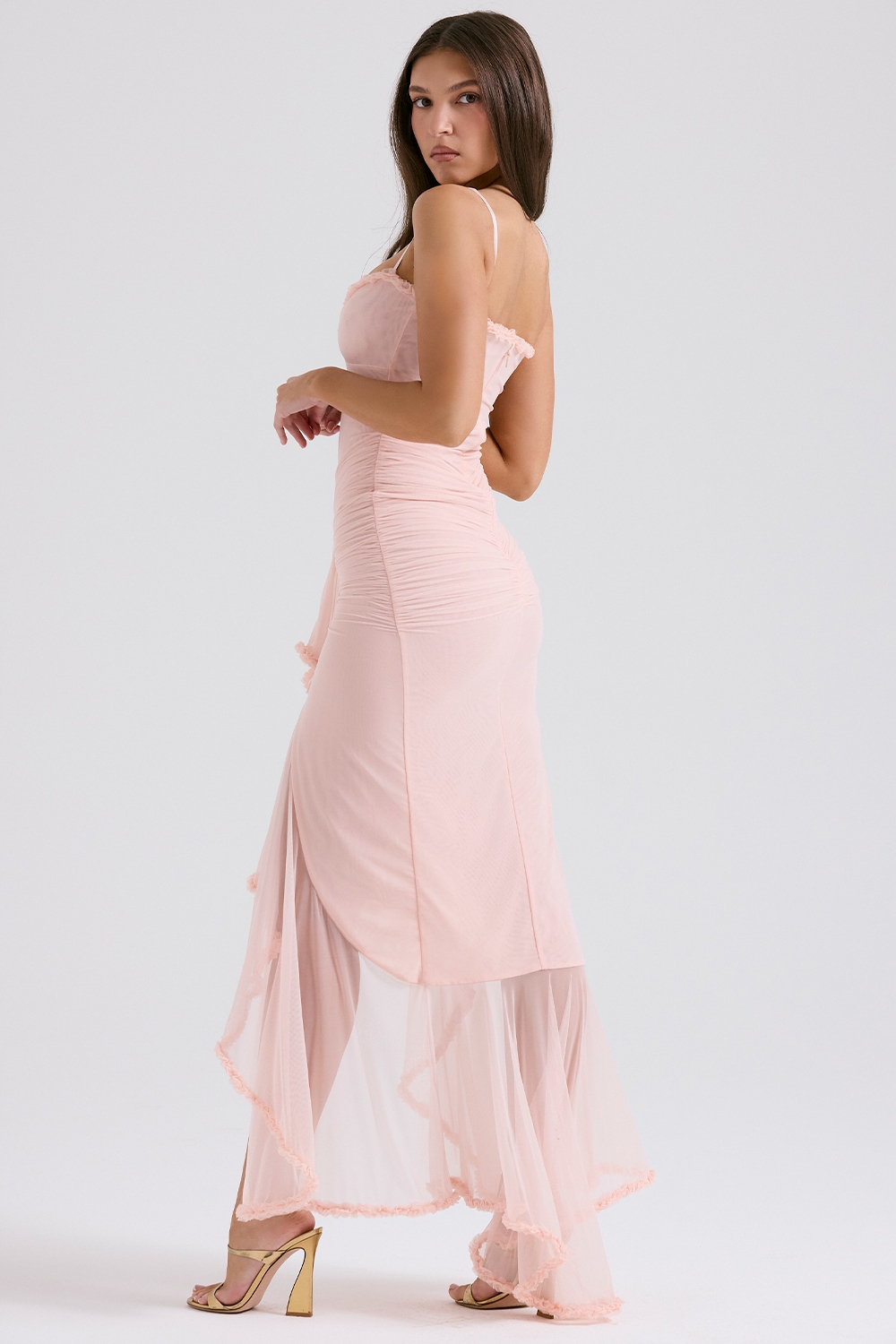 Soft Peach Ruffled Front Gown