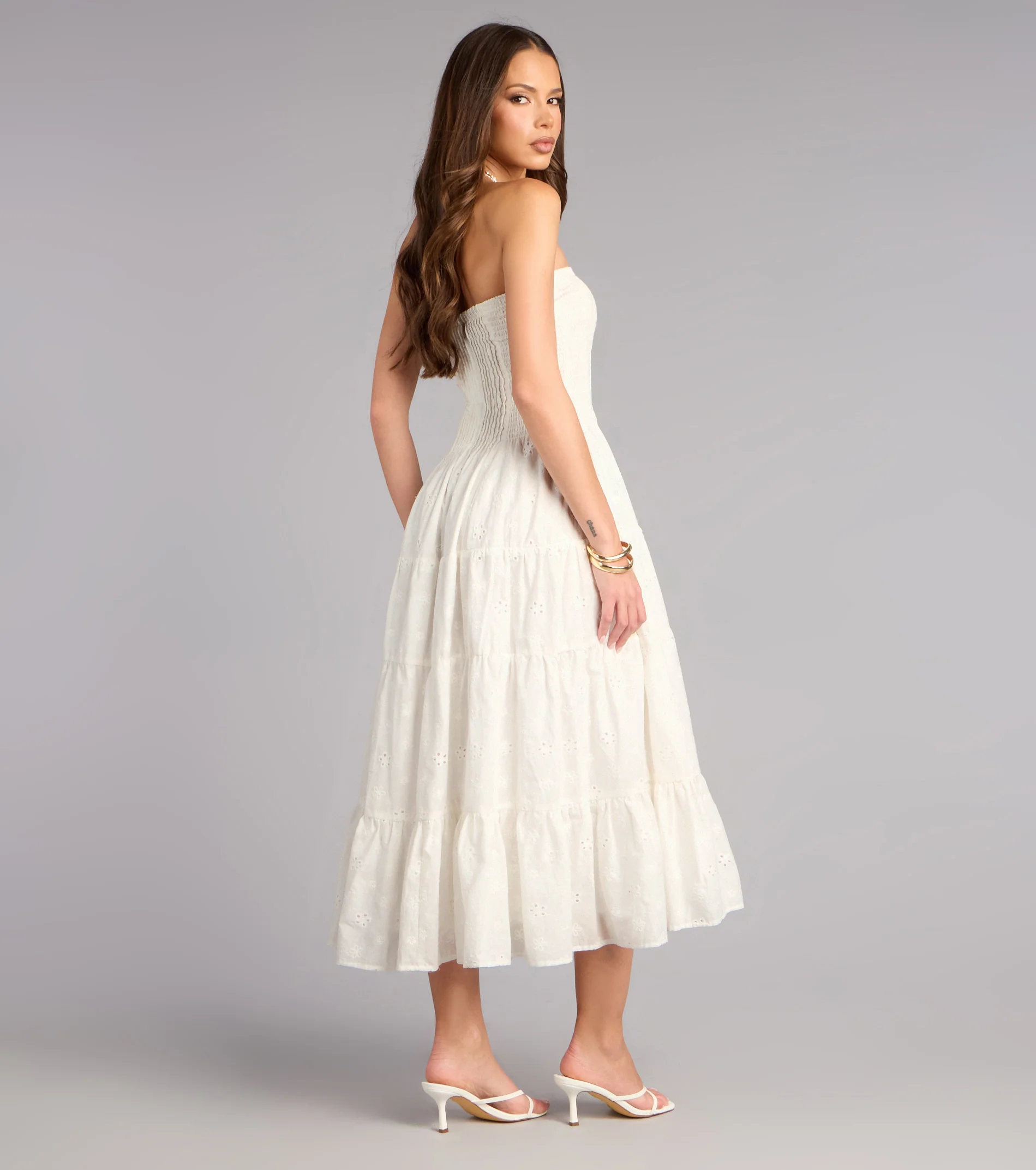 Daytime Vibe Floral Eyelet Strapless Midi Dress - luluinthesky