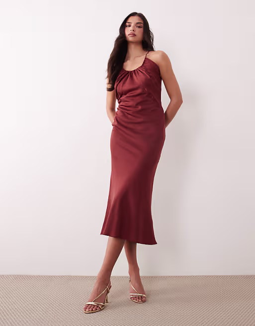 scoop neck bias cut midaxi dress in rust