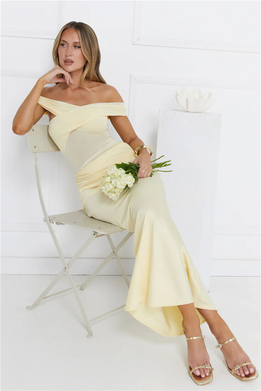 Silent Dreams Mesh Satin Off Shoulder Maxi Dress Yellow - luluinthesky