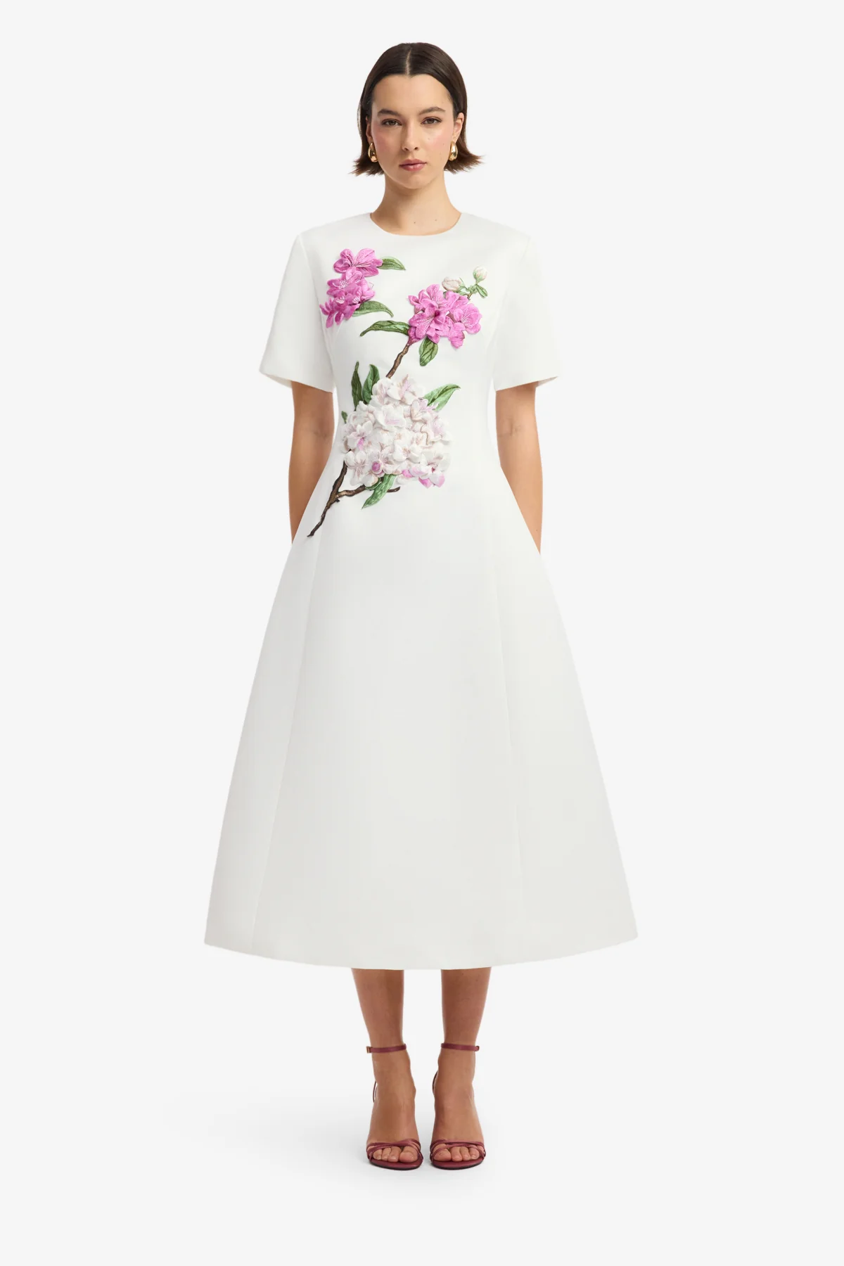 Caroline Appliqué Short Sleeve Midi Dress - Floral Pear Print