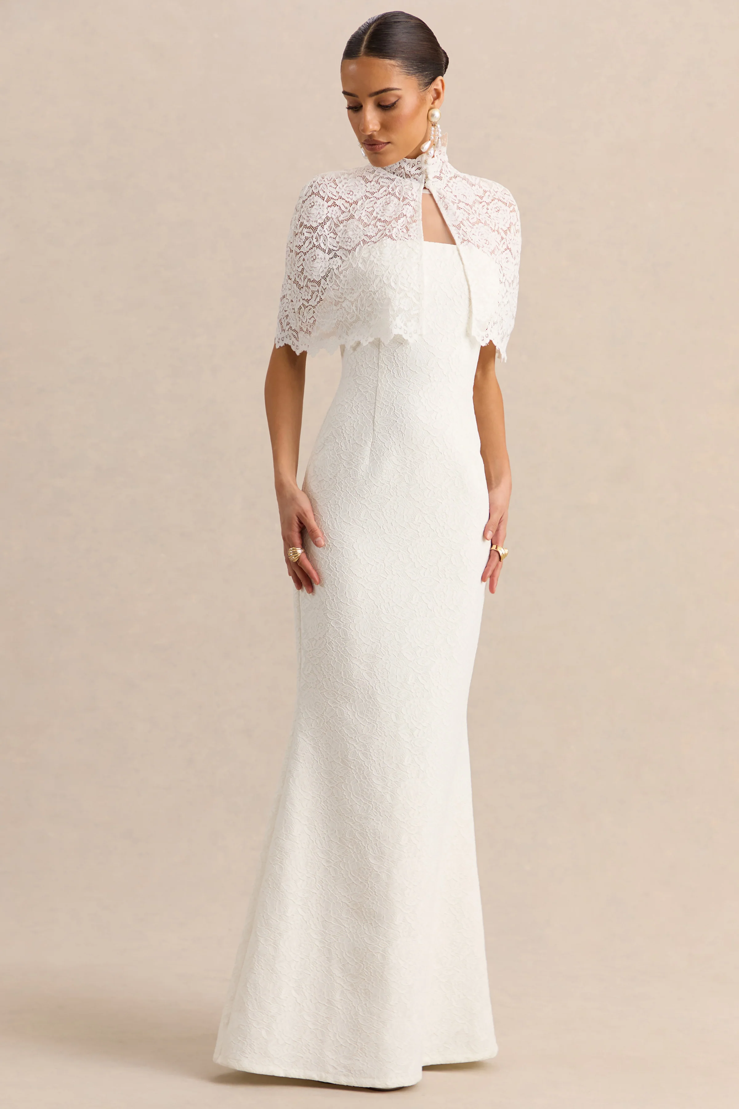 Rosevine | White Lace Crew-Neck Maxi Dress With Mesh Panel