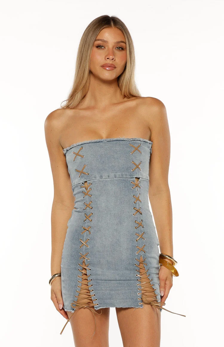Danica Light Wash Denim Lace Up Strapless Mini Dress