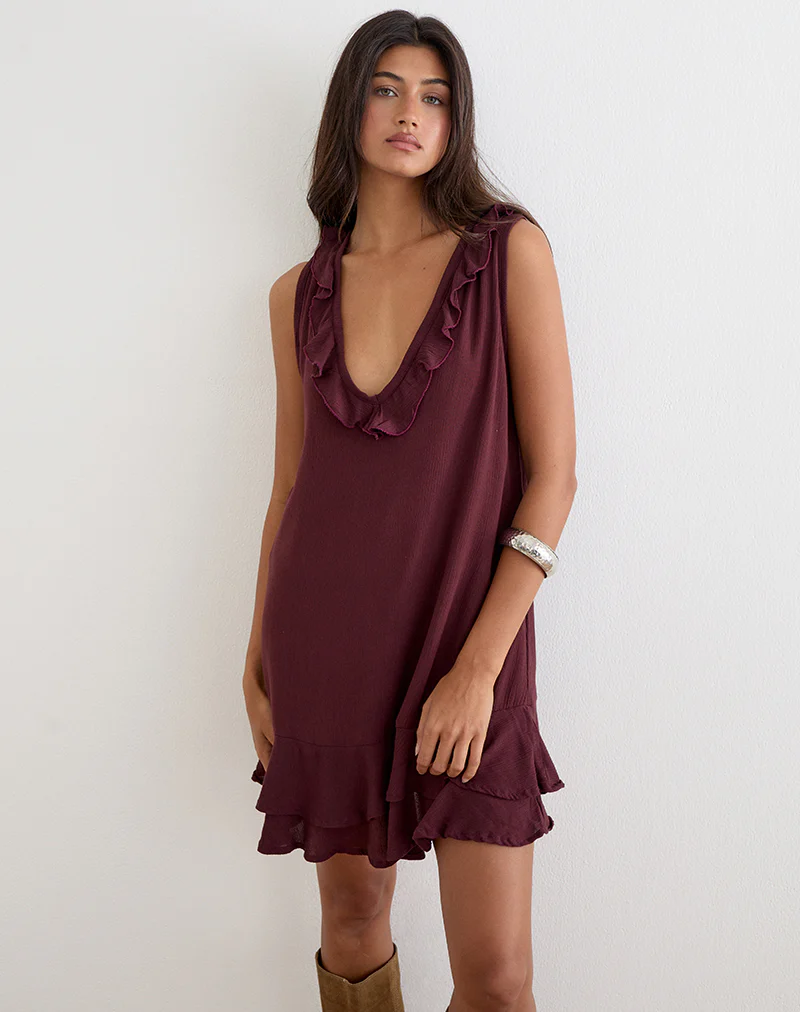 Swade Plunge Mini Dress in Crinkle Plum