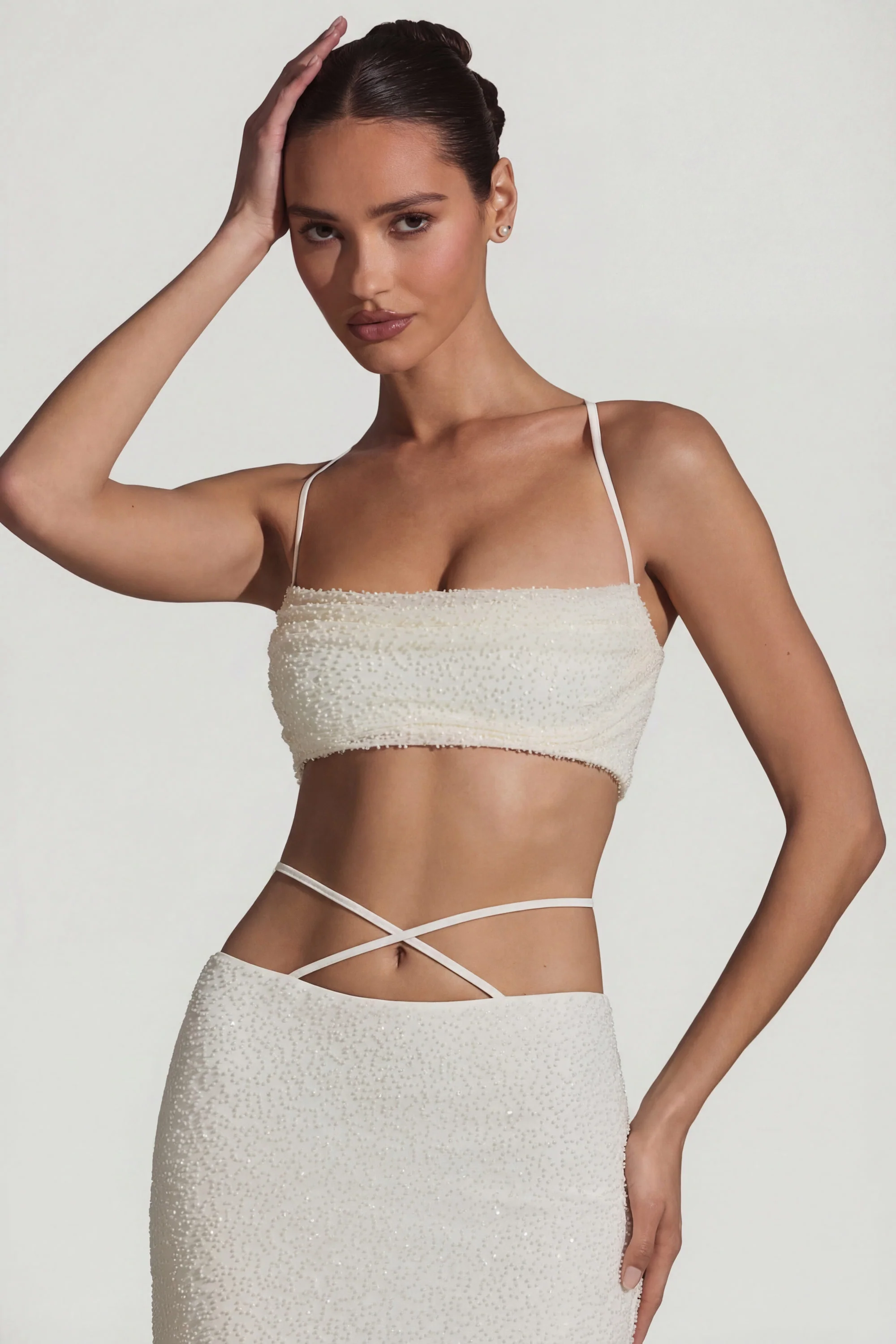 Embellished Cross Back Crop Top in White