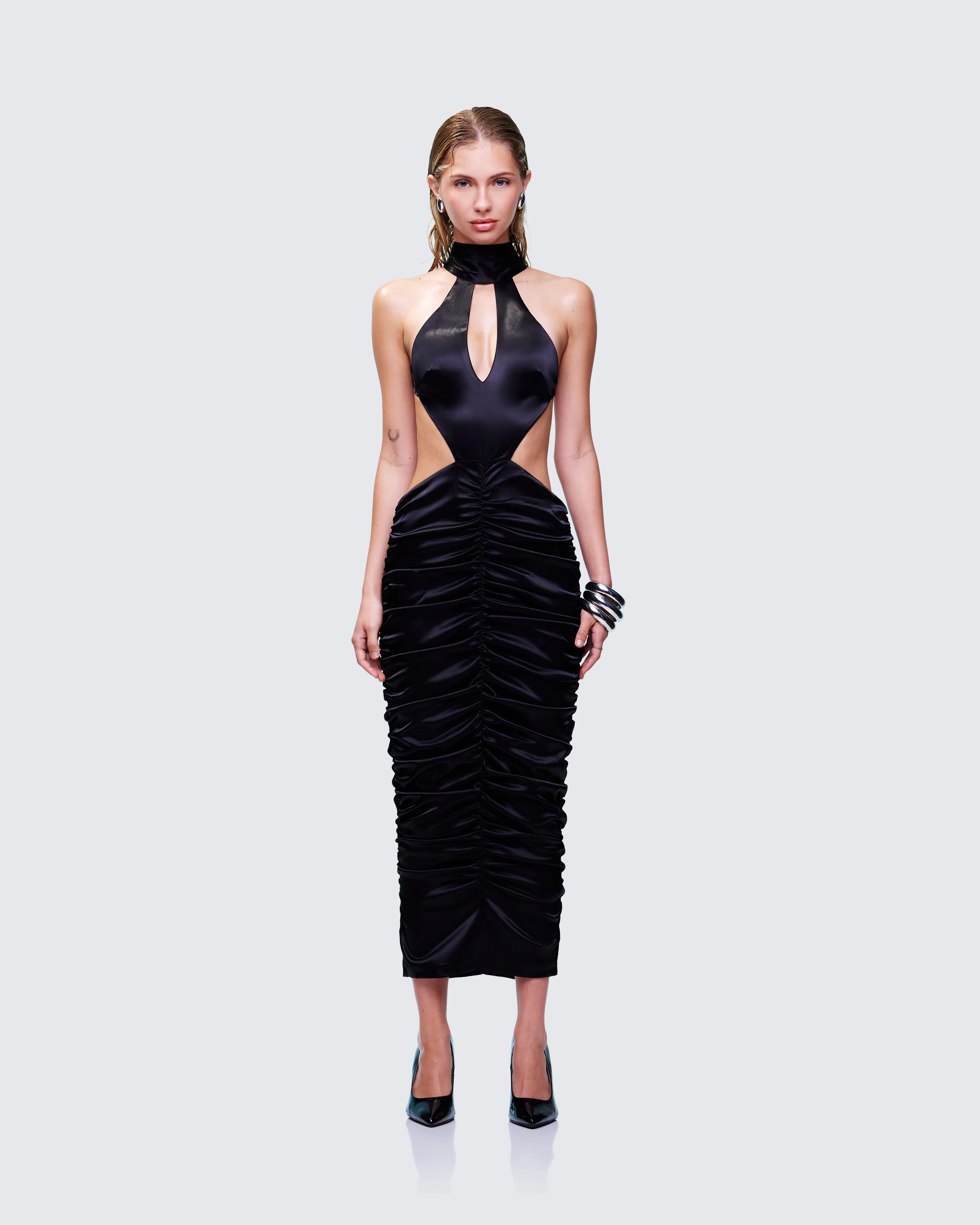 Junia Black Ruched Midi Dress