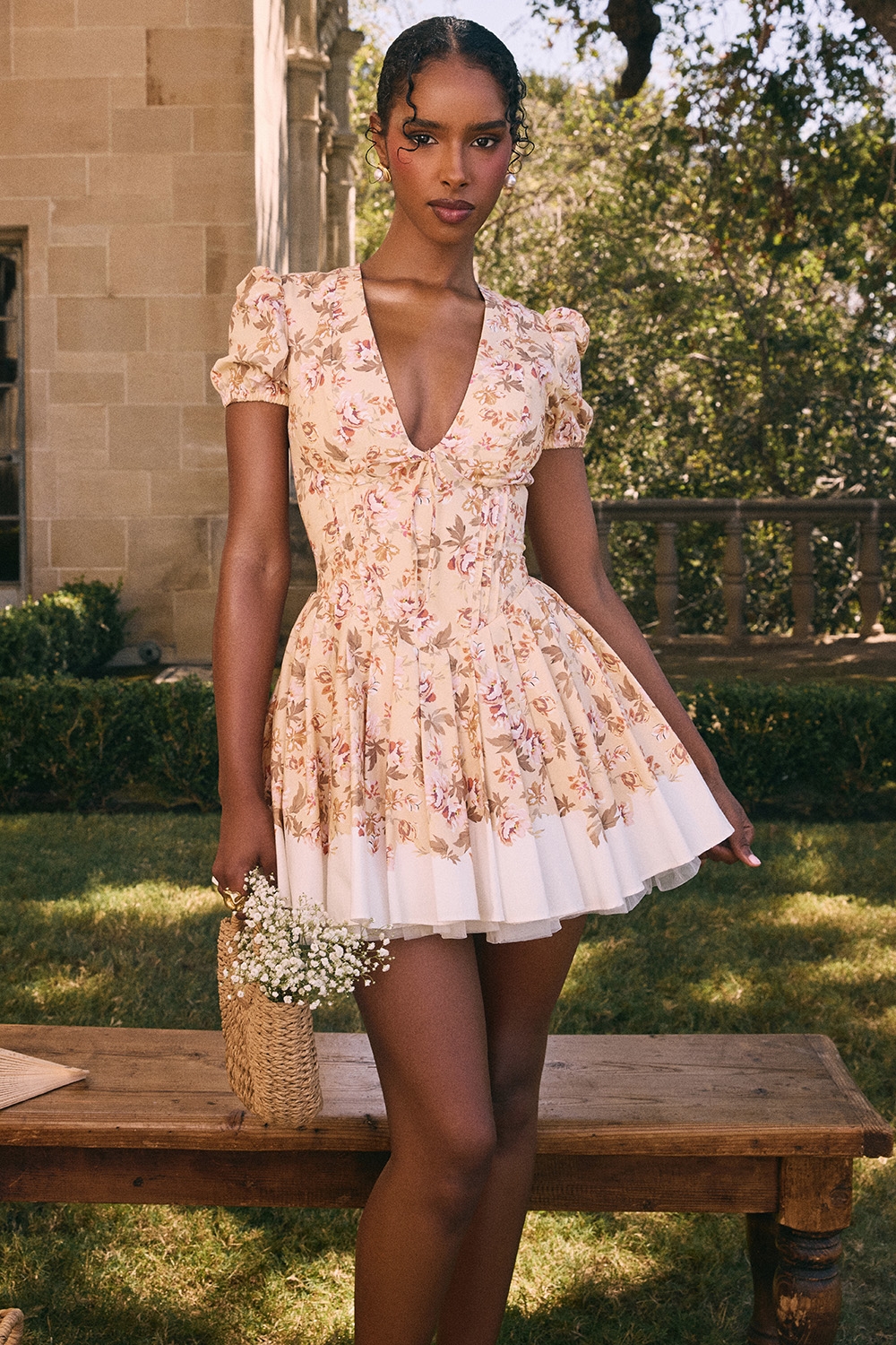 Honeyflower Print Pleated Cotton Mini Dress