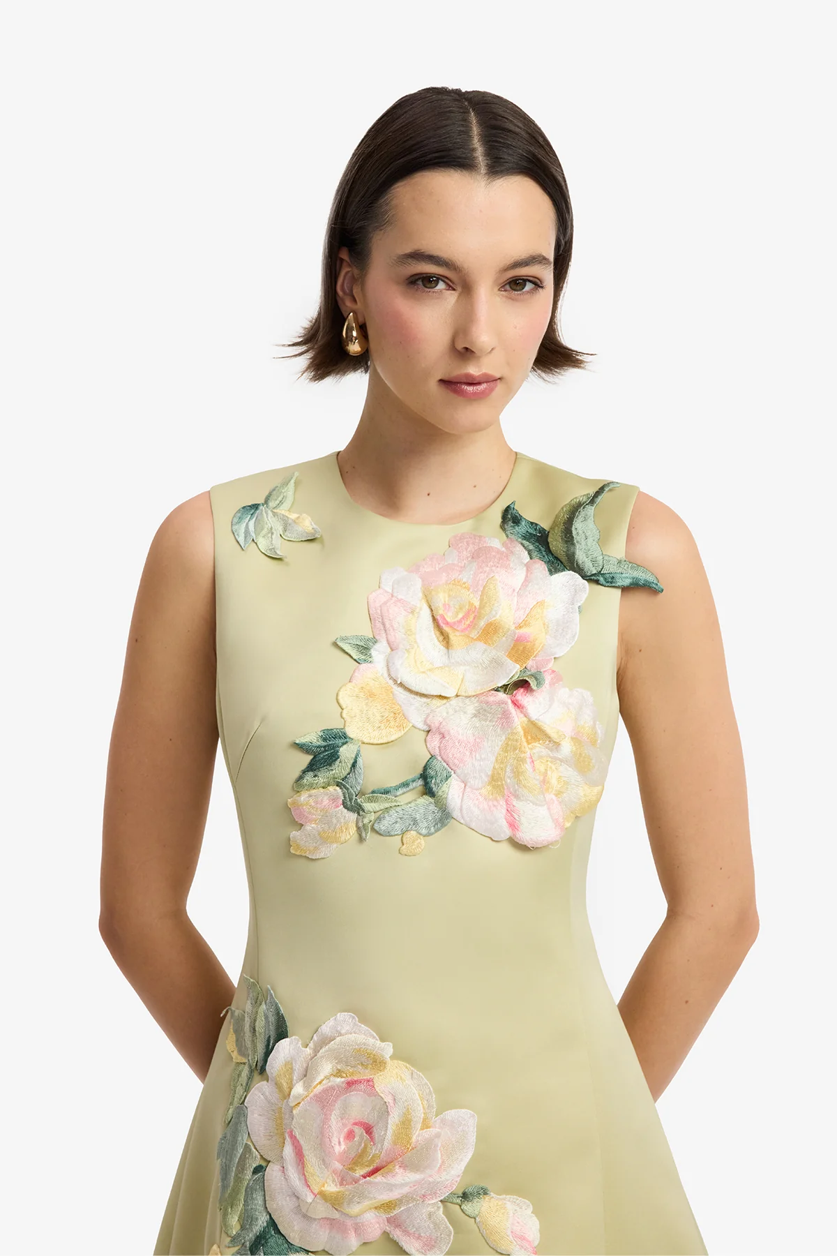Cleo Embroidered Sleeveless Midi Dress - Pistachio Rose Print