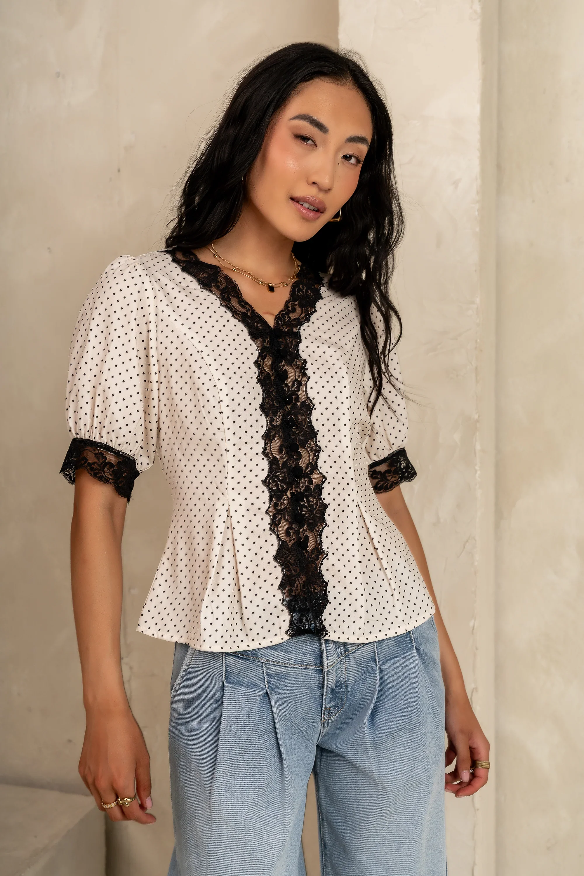 Angie Lace Trim Blouse in Cream