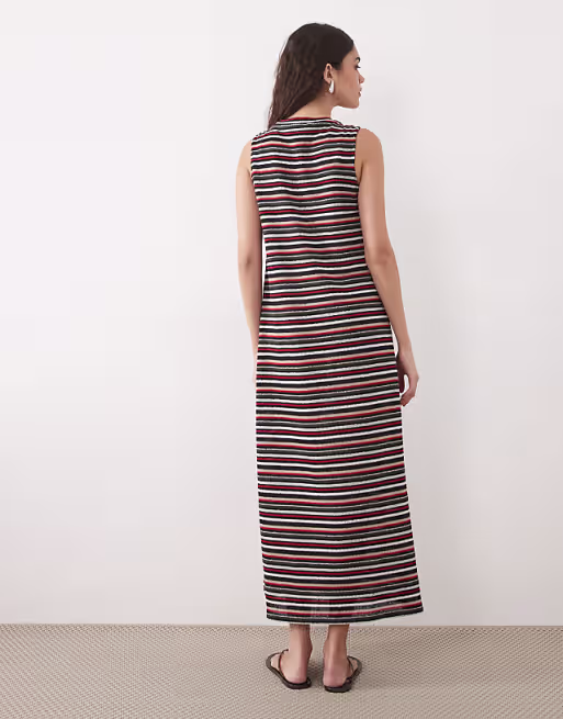 textured maxi tank dress with side split in multi stripe
