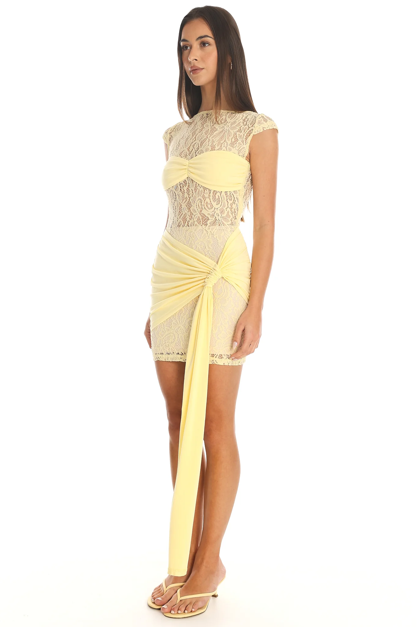 Baie Hip Sash Lace Overlay Mini Dress Lemon