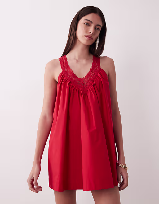v-neck poplin mini smock sundress with lace overlay in tomato red