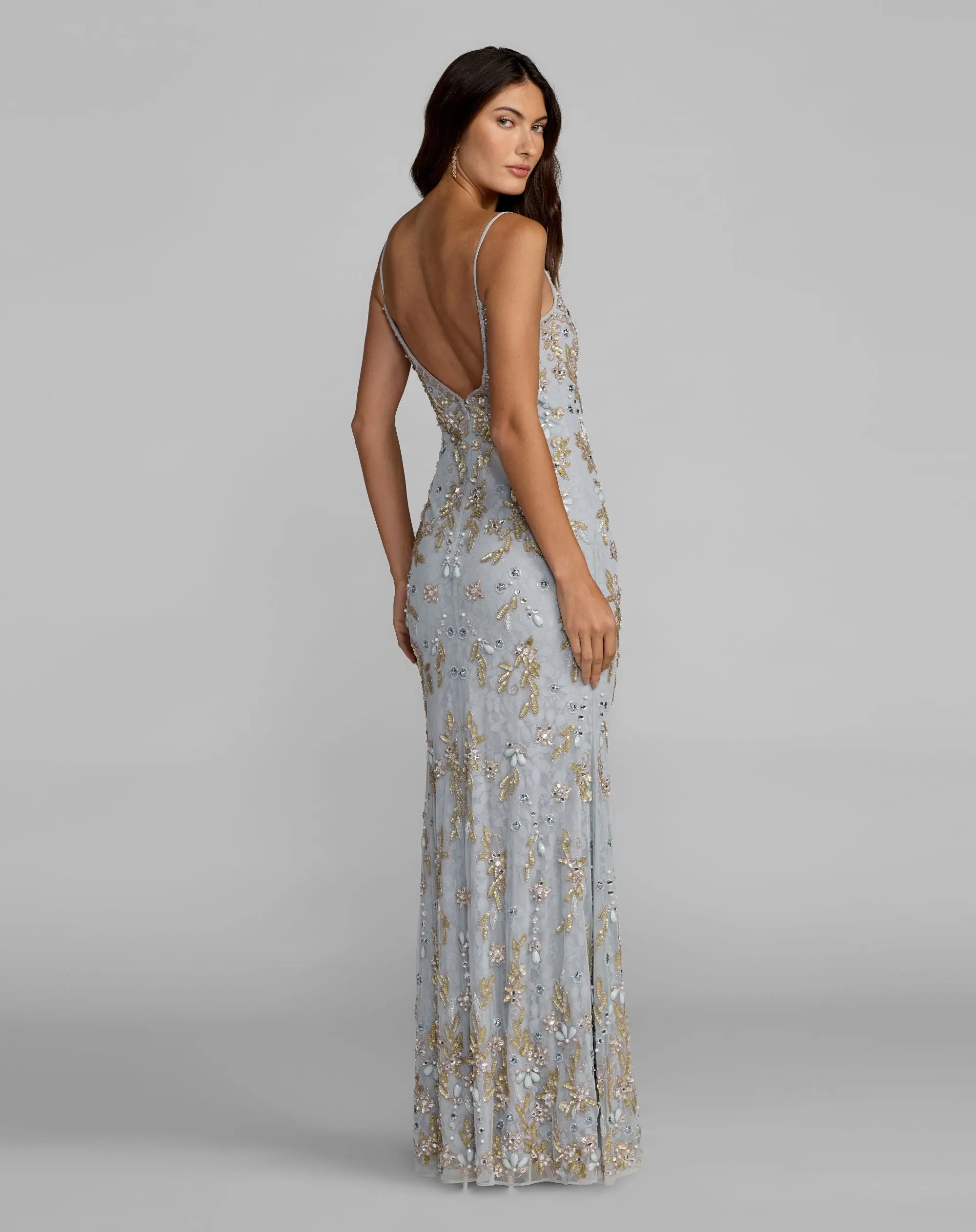 Blue Embellished Lace Sleeveless Gown - FASHION NOB